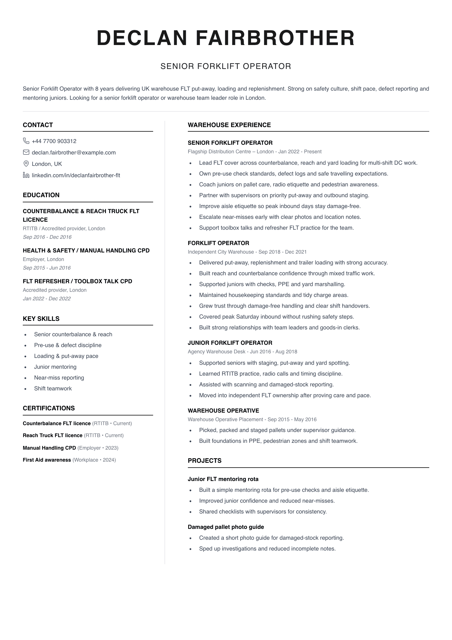 senior forklift operator CV template