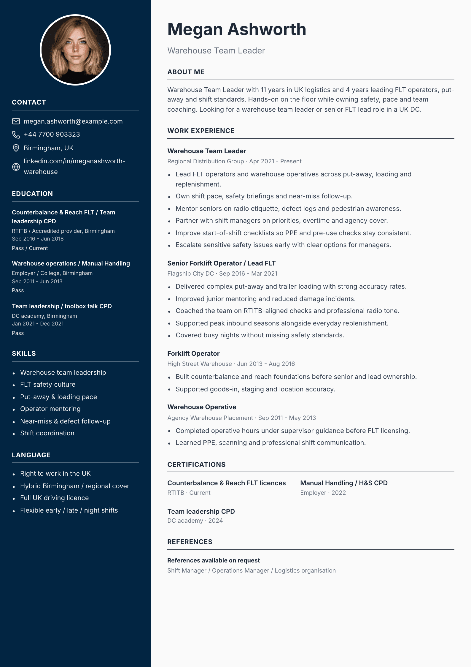 Warehouse team leader CV template