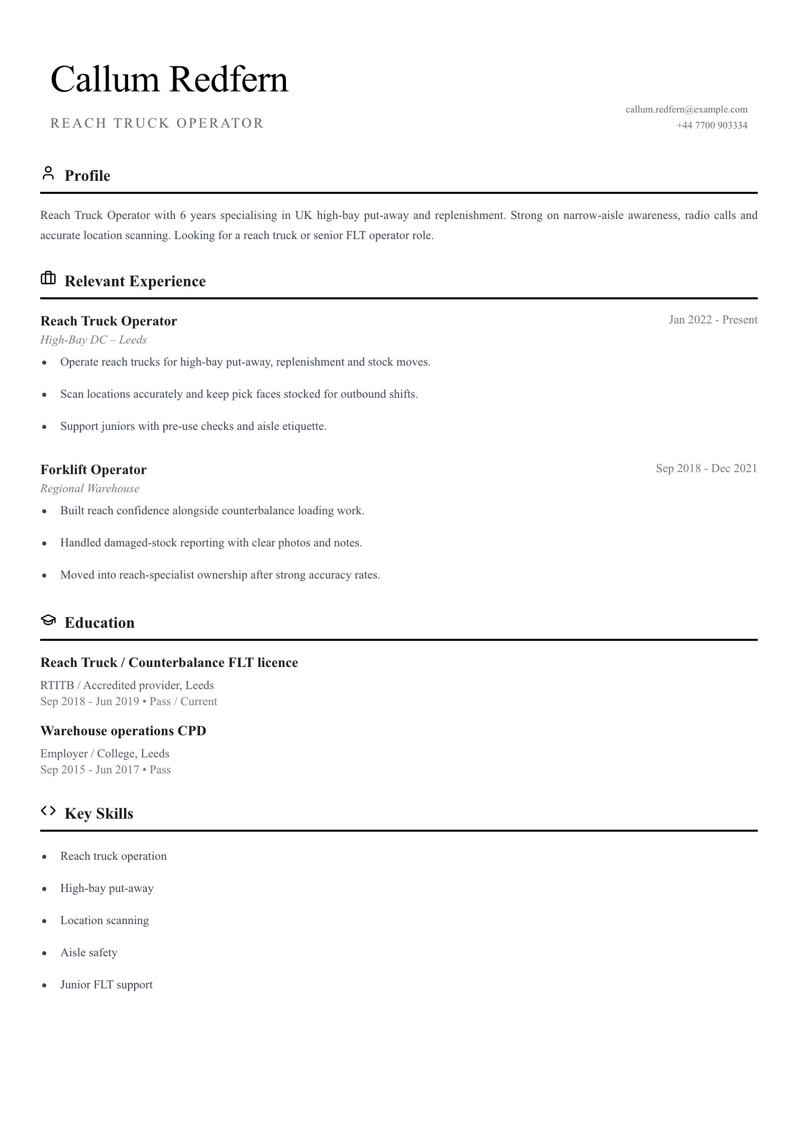 Reach truck operator CV template
