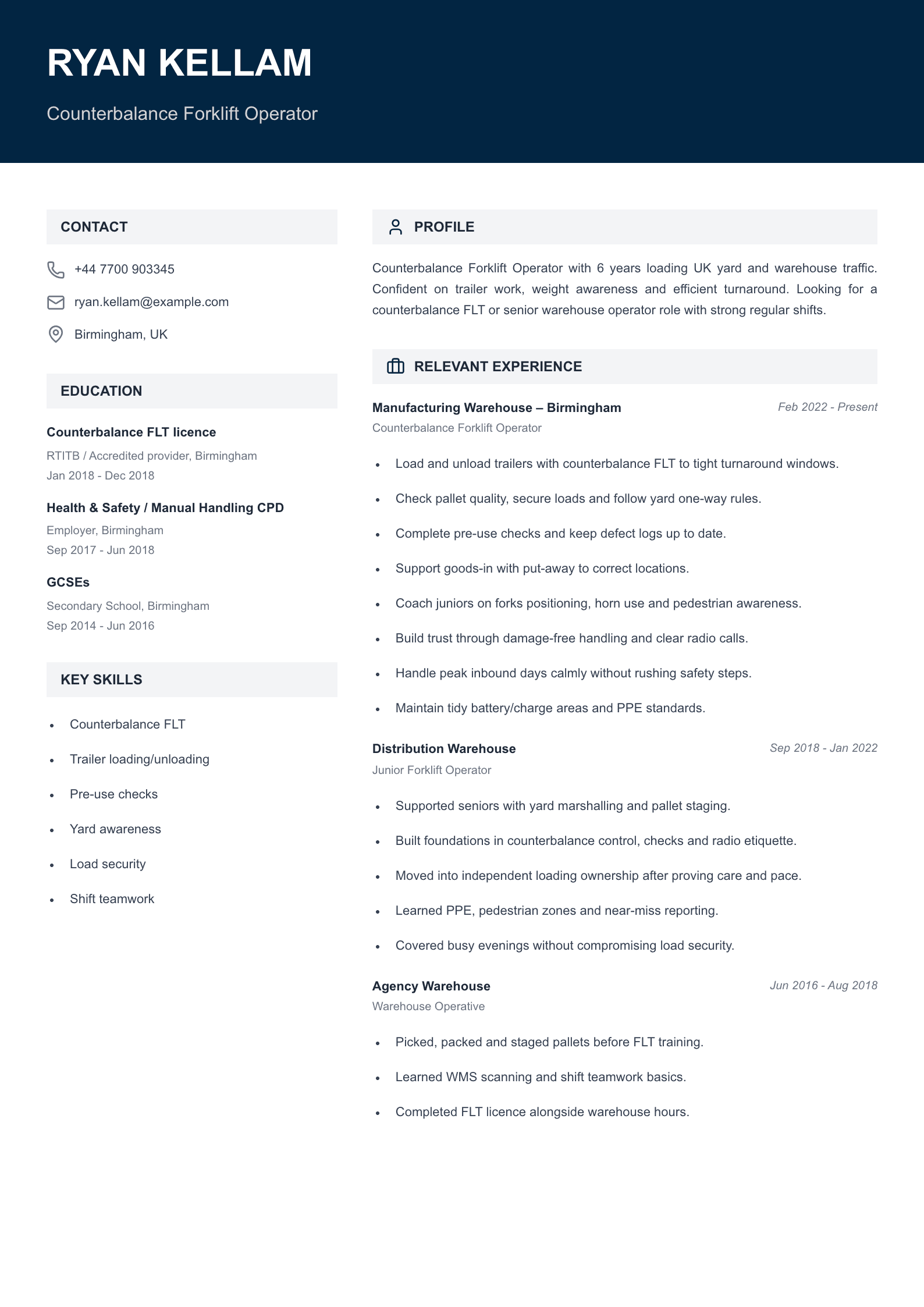 counterbalance forklift operator CV template
