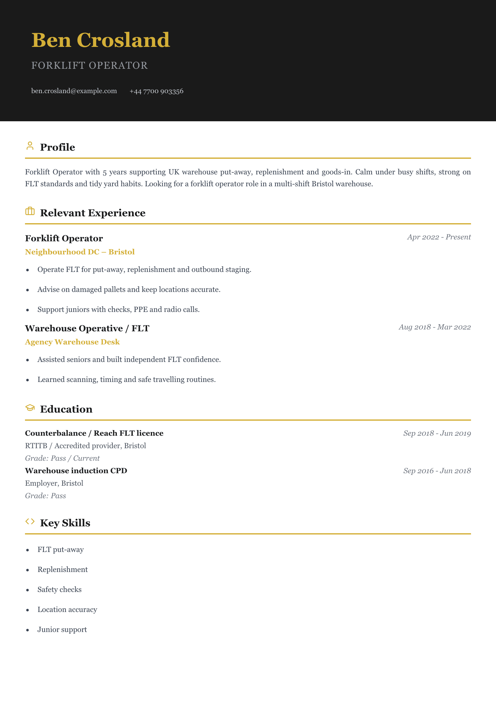 warehouse forklift operator CV template