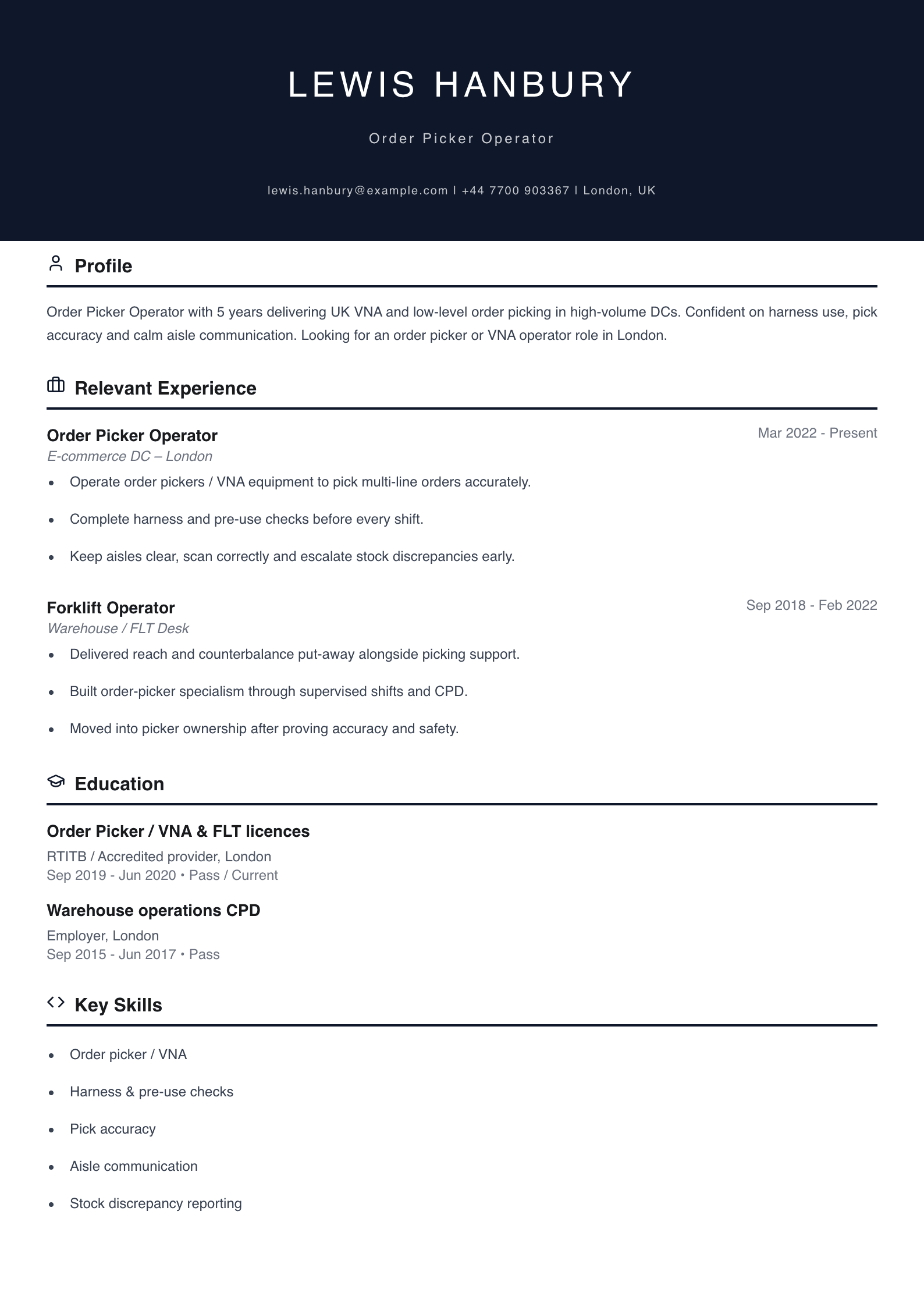 order picker operator CV template