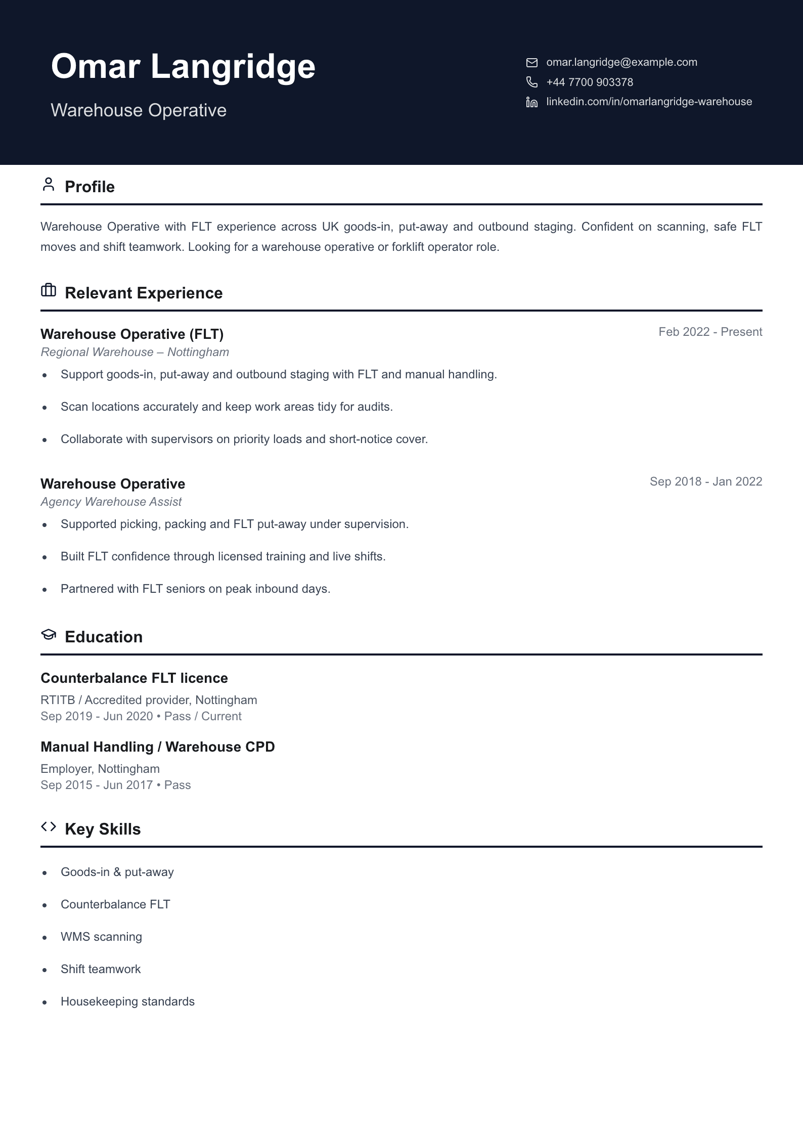warehouse operative CV template