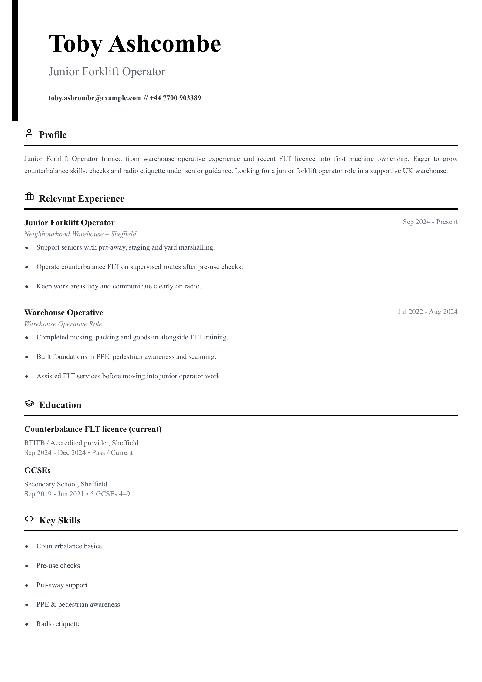 junior forklift operator CV template