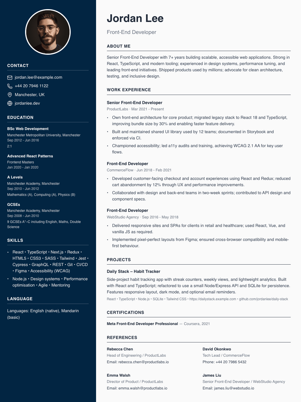 Front-end developer CV example