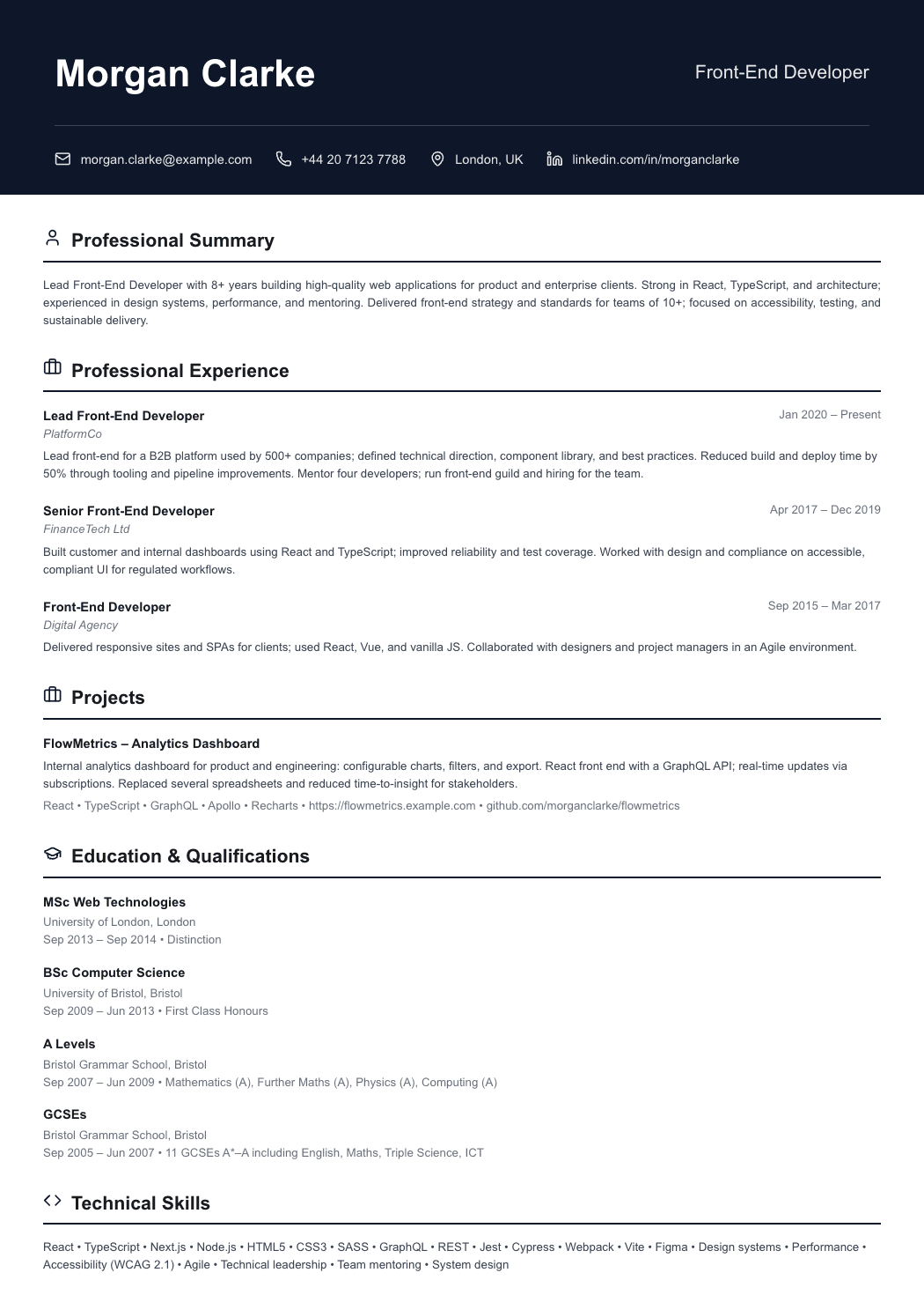 Template 42 – Front-end developer CV example