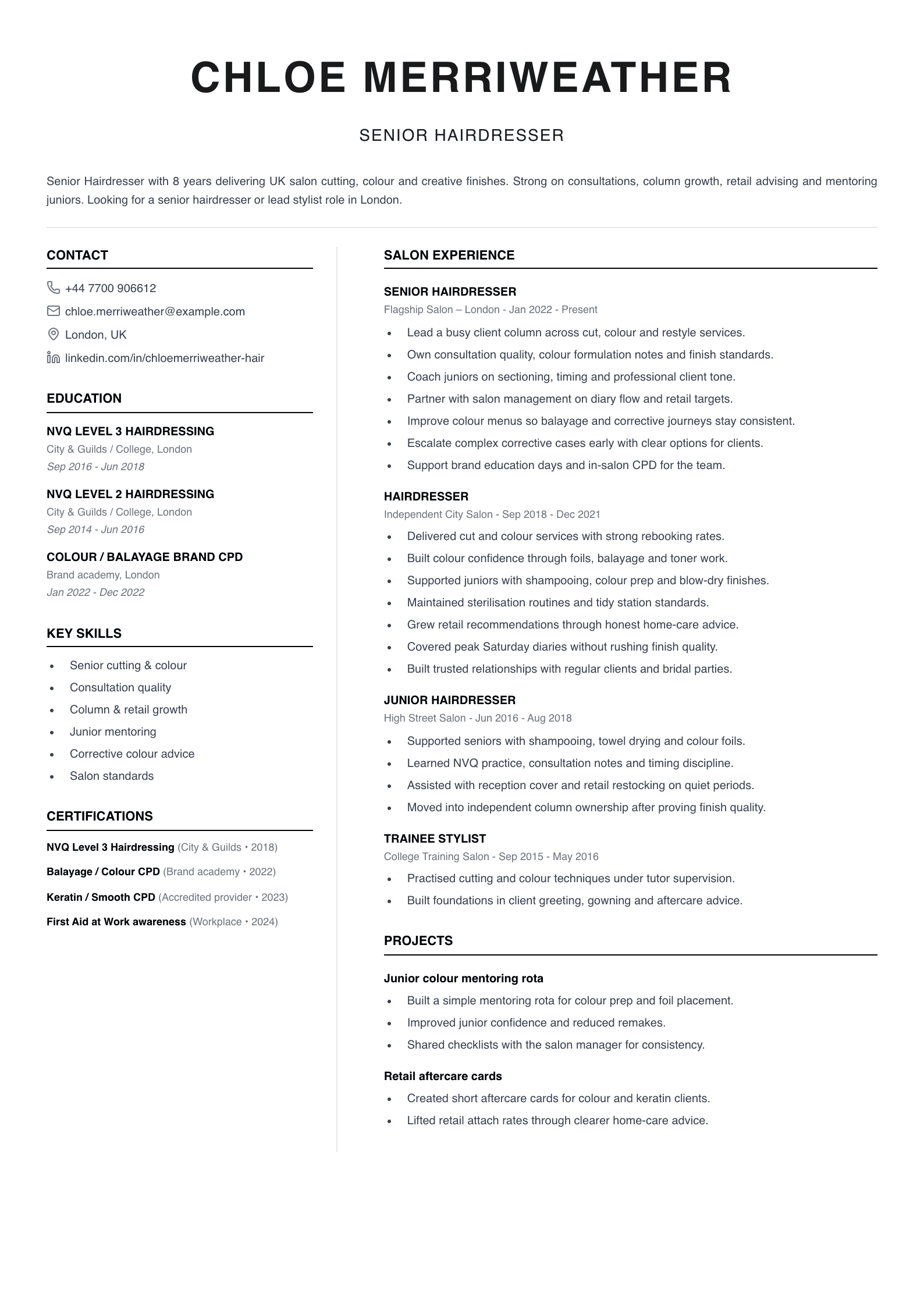 senior hairdresser CV template