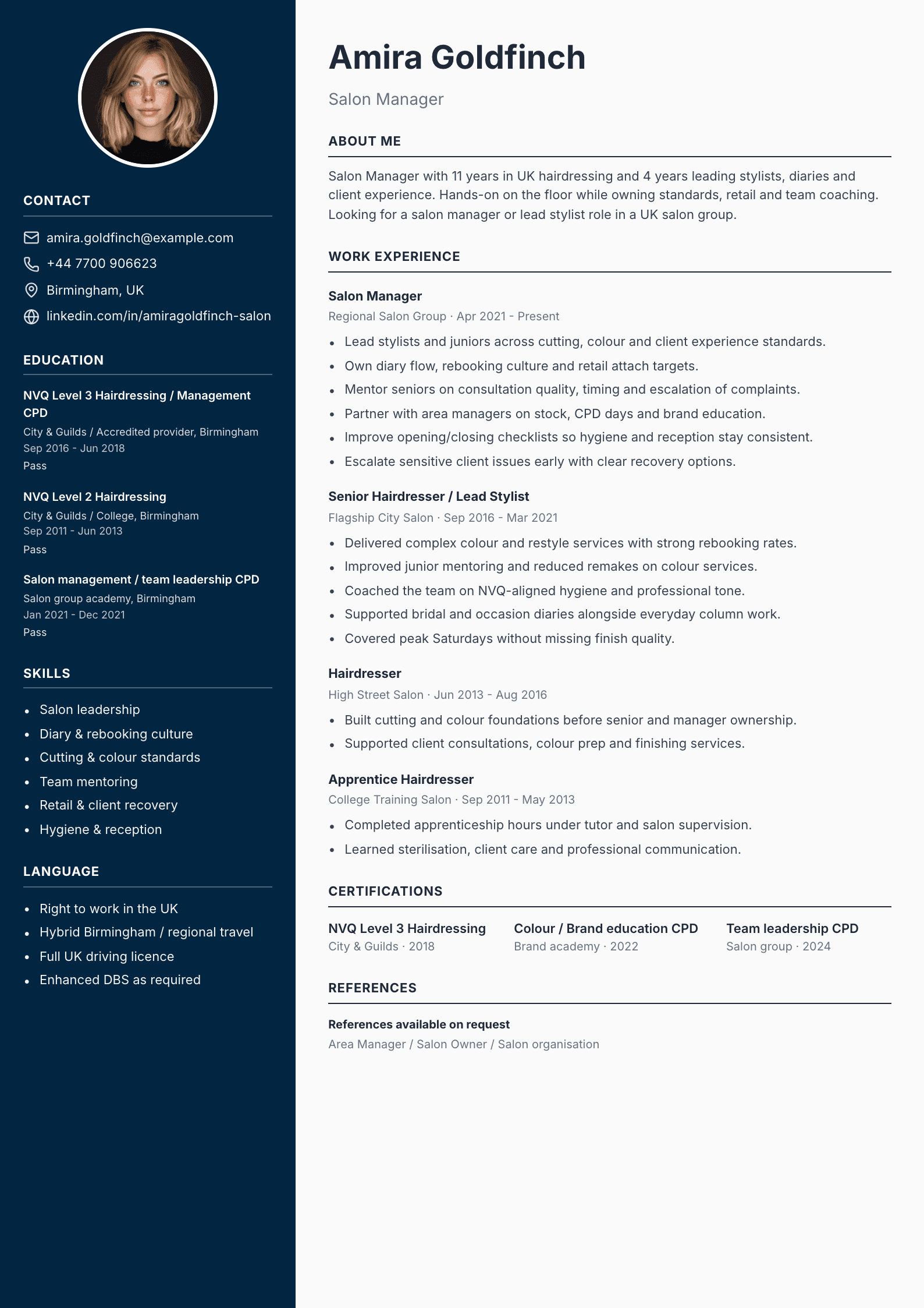 Salon manager CV template