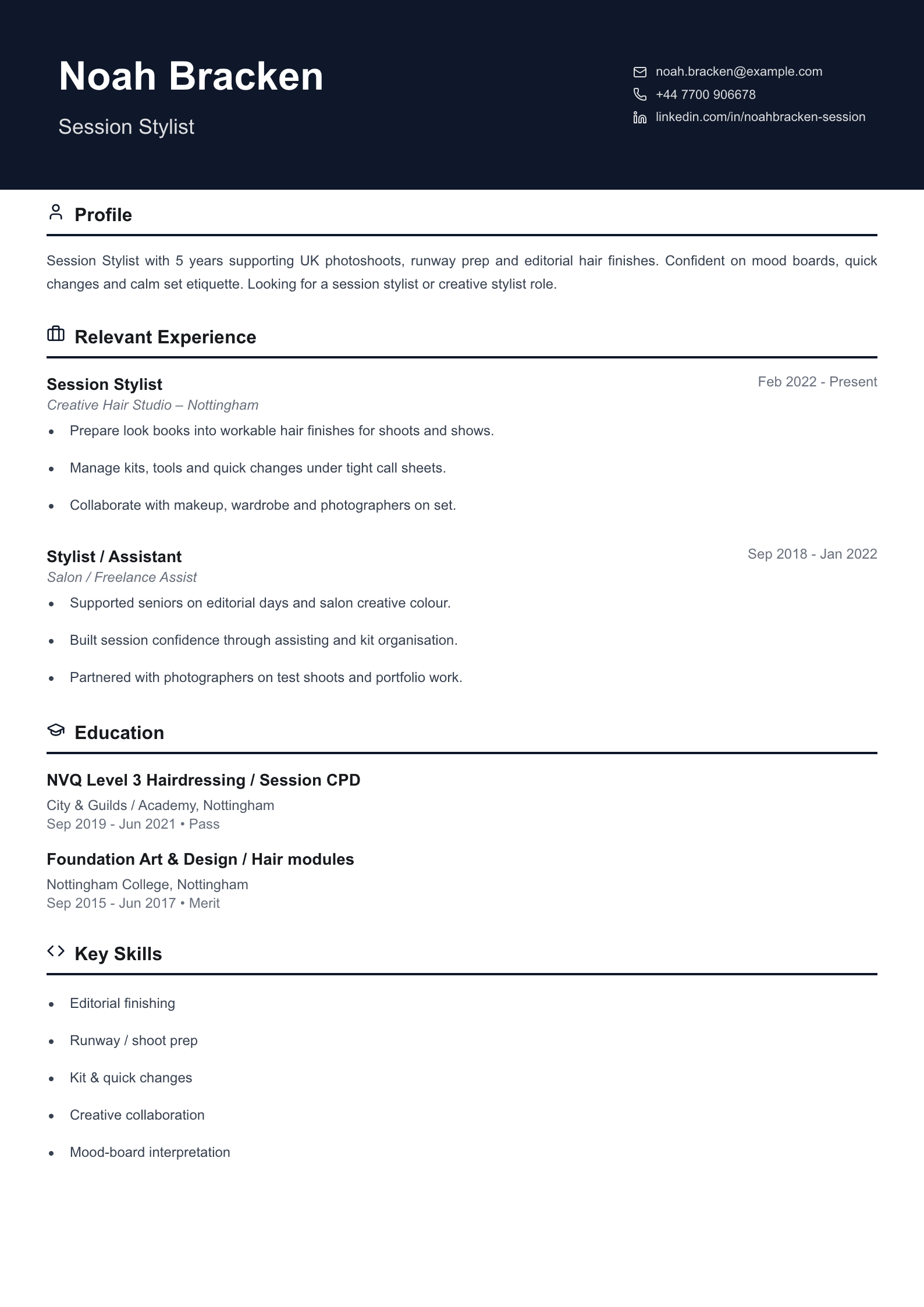 session stylist CV template
