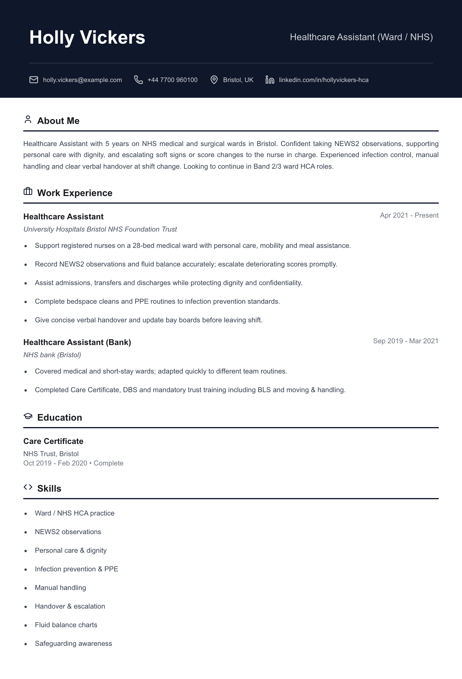 Ward NHS healthcare assistant CV template