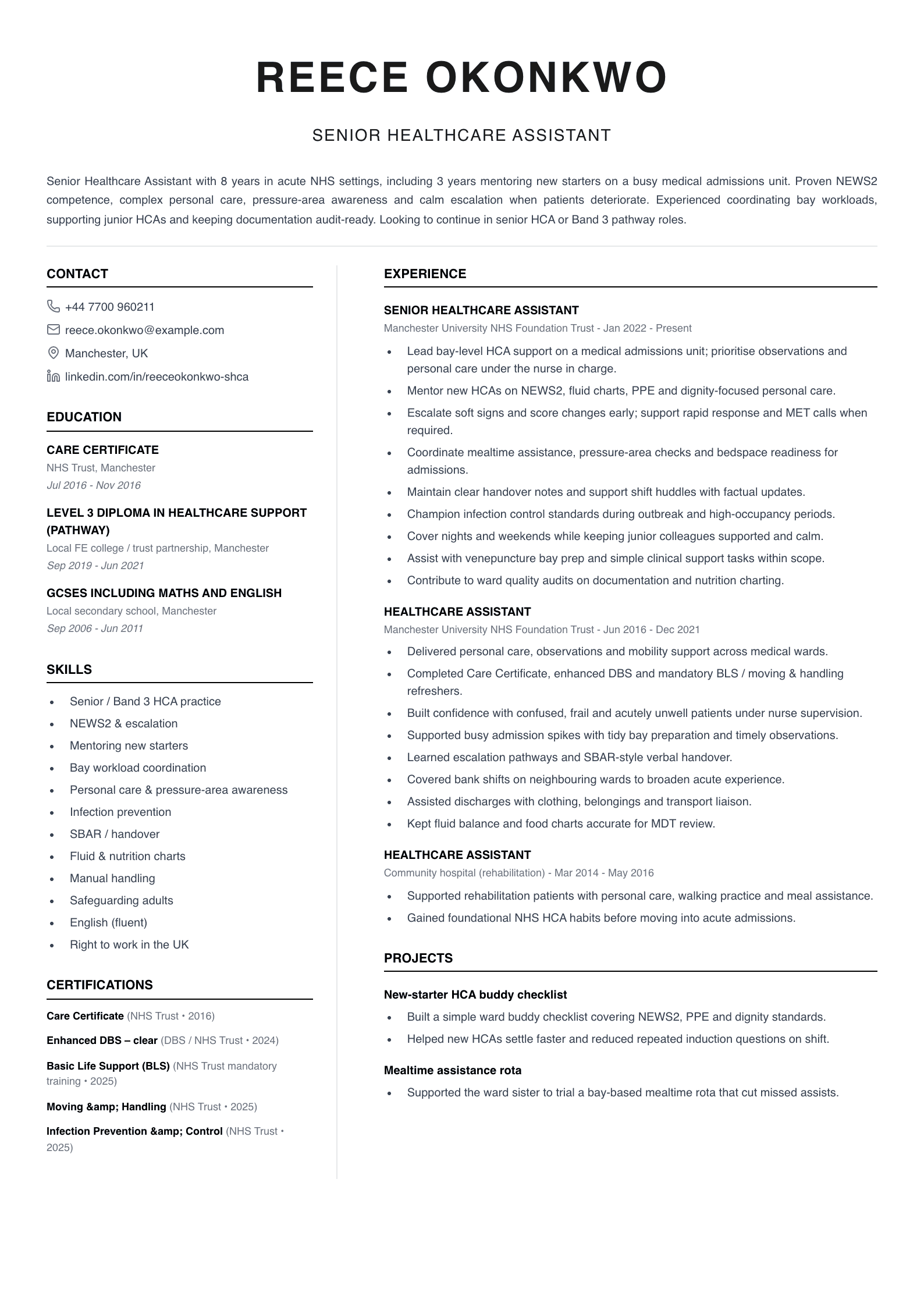 senior healthcare assistant cv template