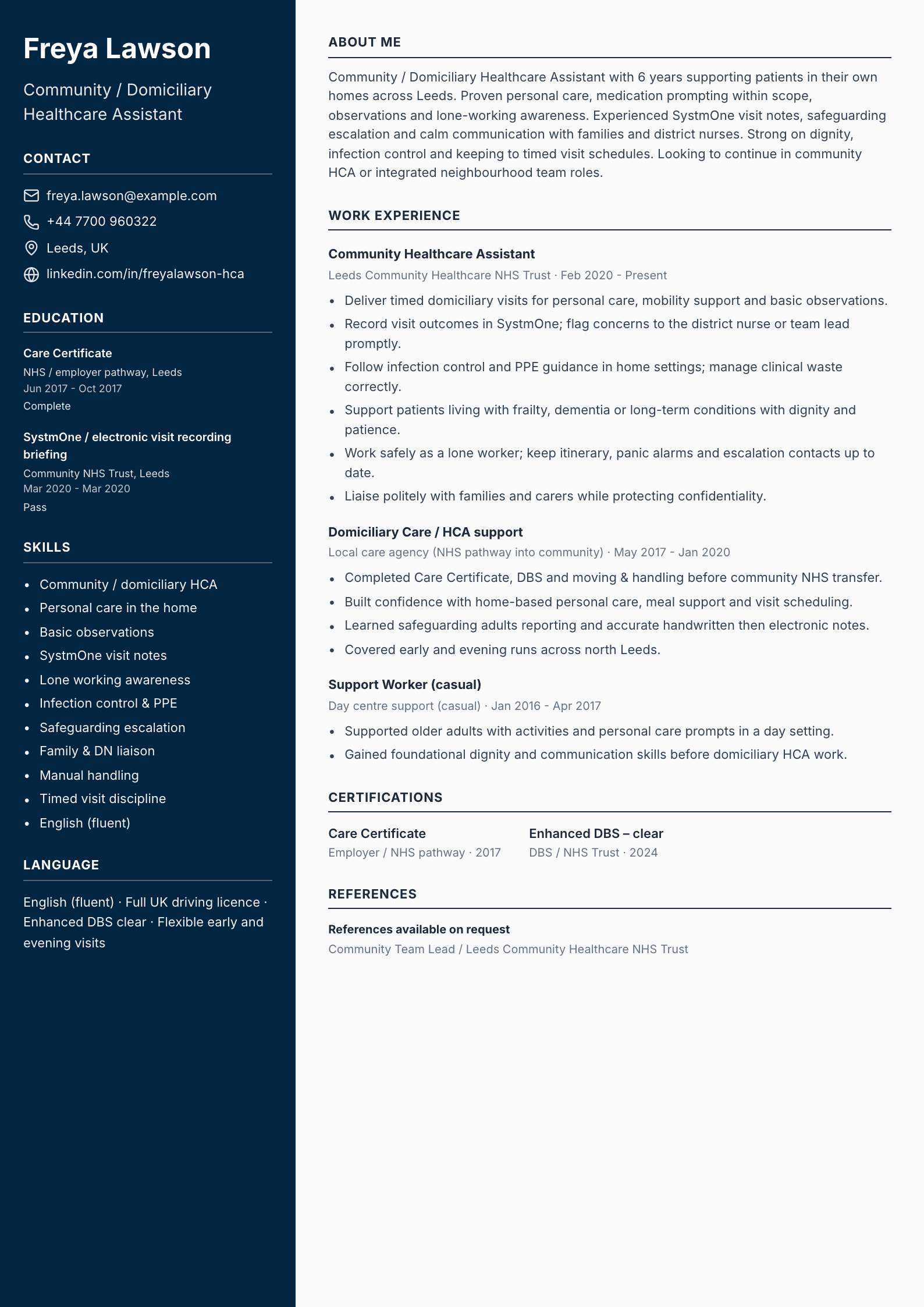 Community domiciliary healthcare assistant CV template