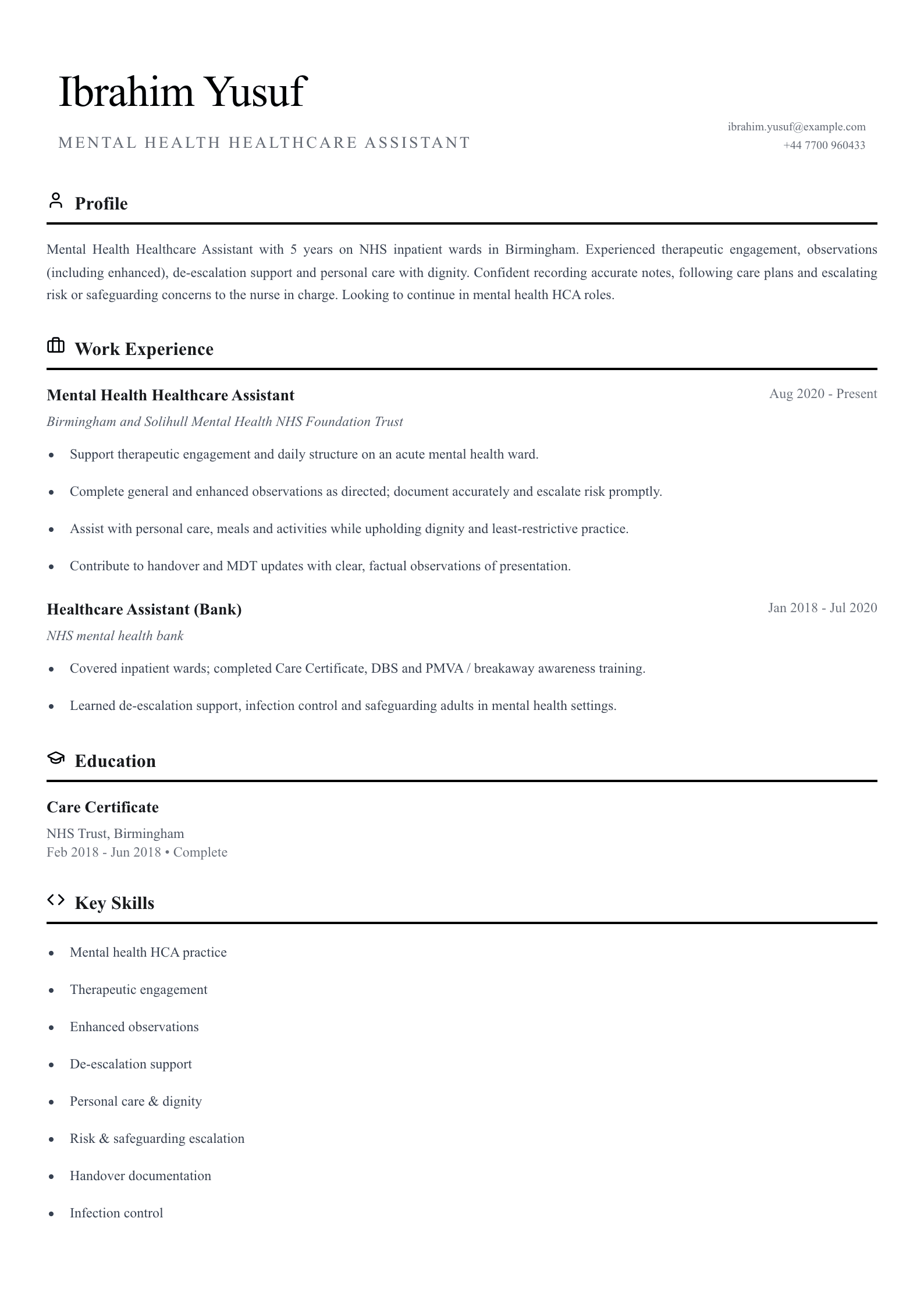 mental health healthcare assistant cv template