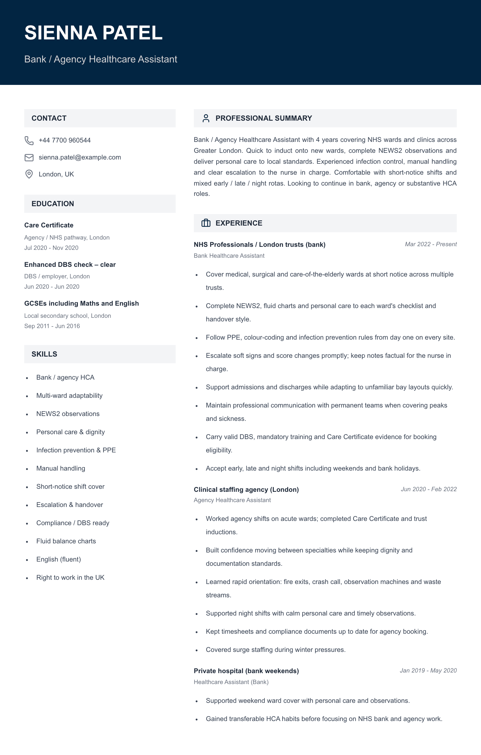 Bank agency healthcare assistant CV template