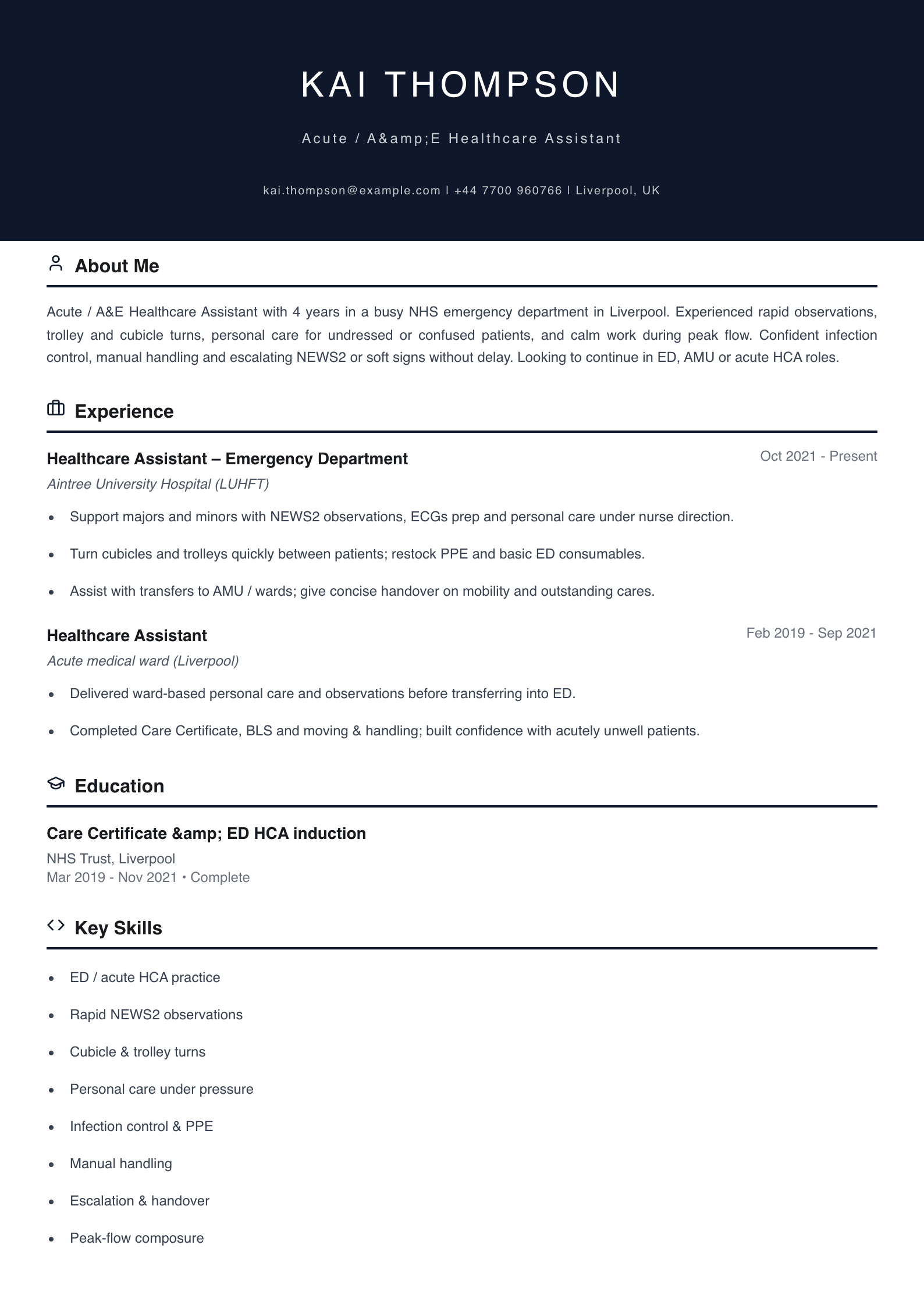 acute a&e healthcare assistant cv template