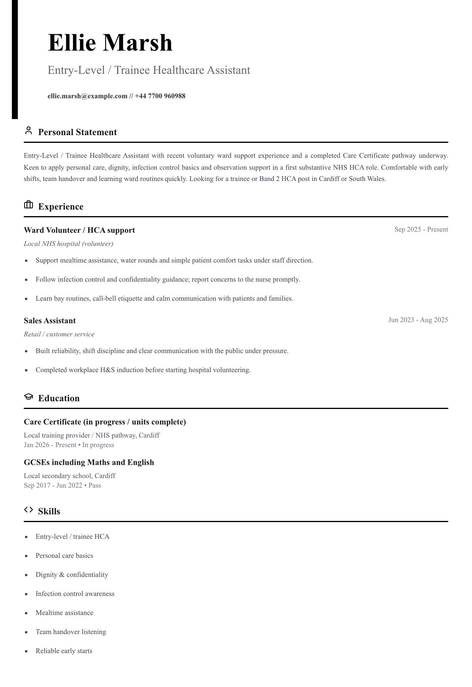 entry level trainee healthcare assistant cv template