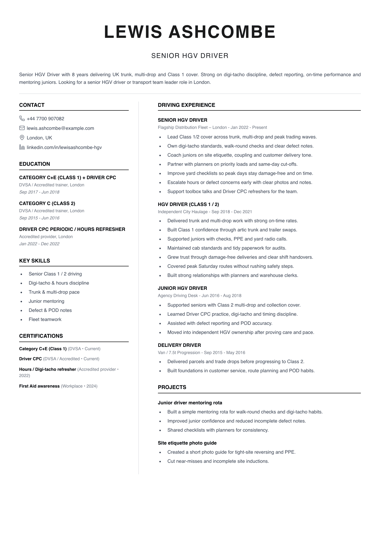senior HGV driver CV template