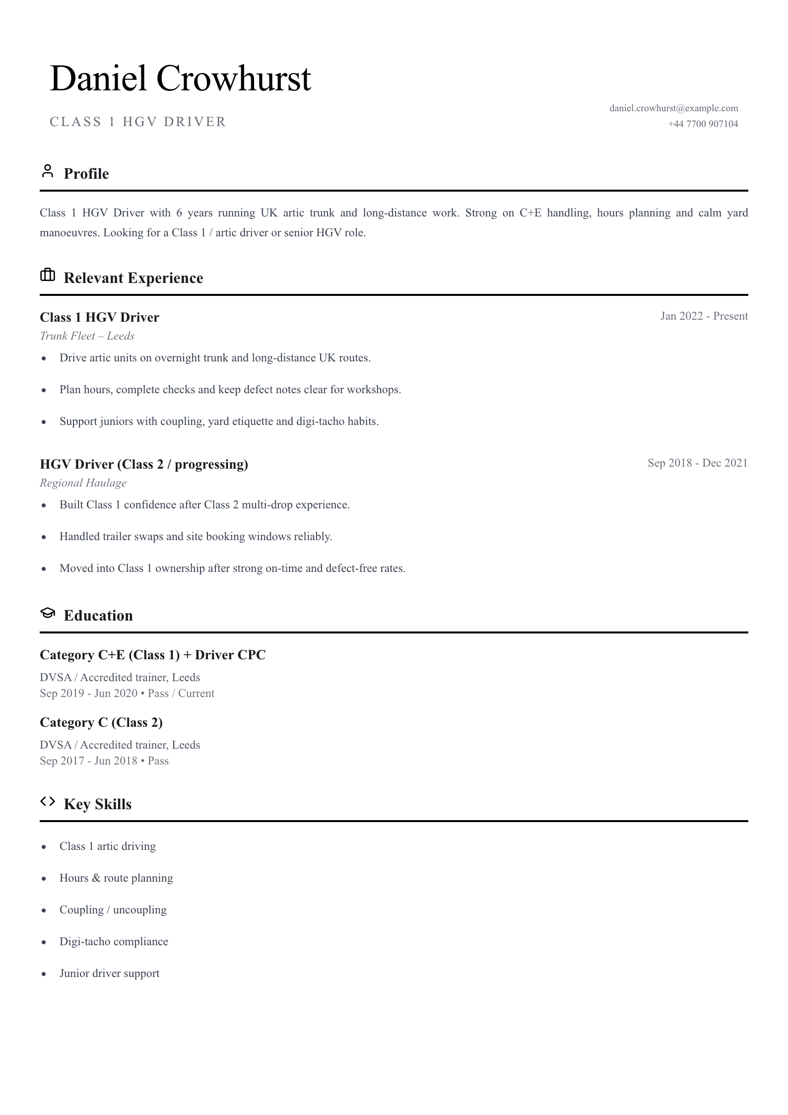 Class 1 HGV driver CV template