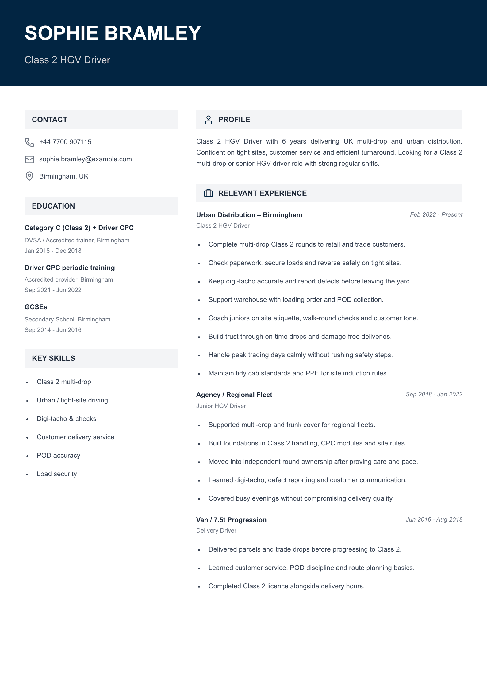 Class 2 HGV driver CV template