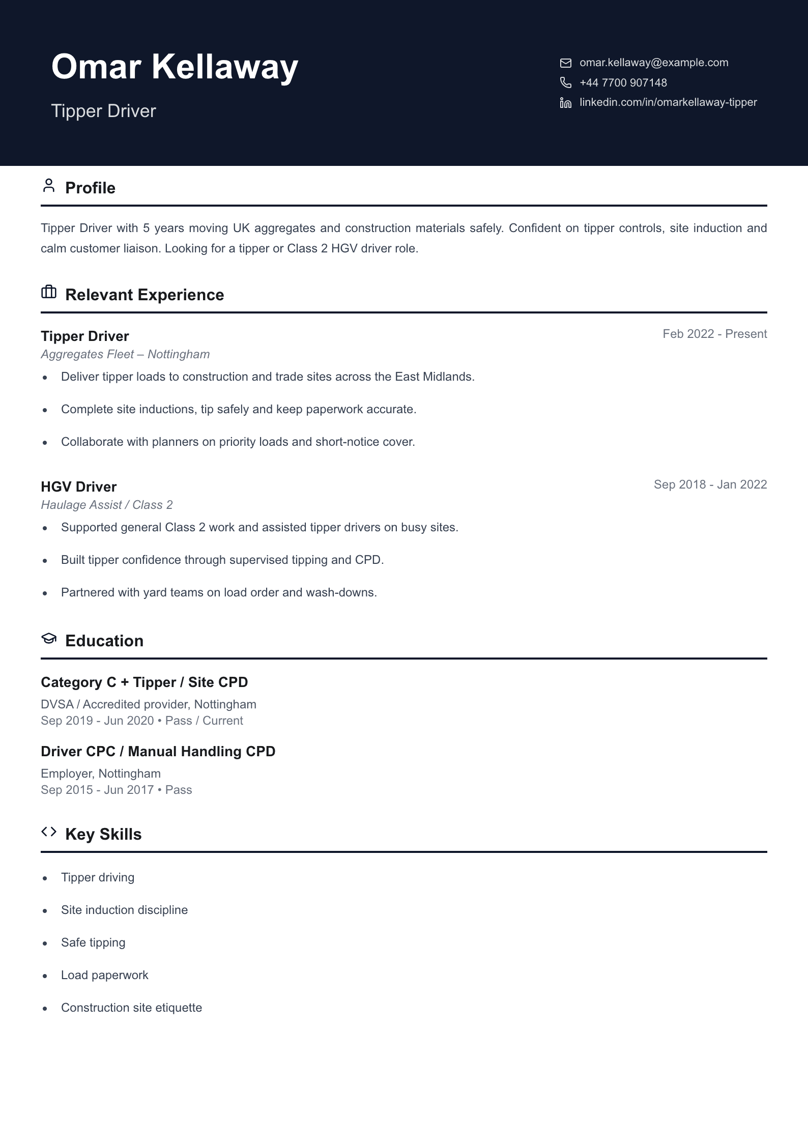 tipper driver CV template