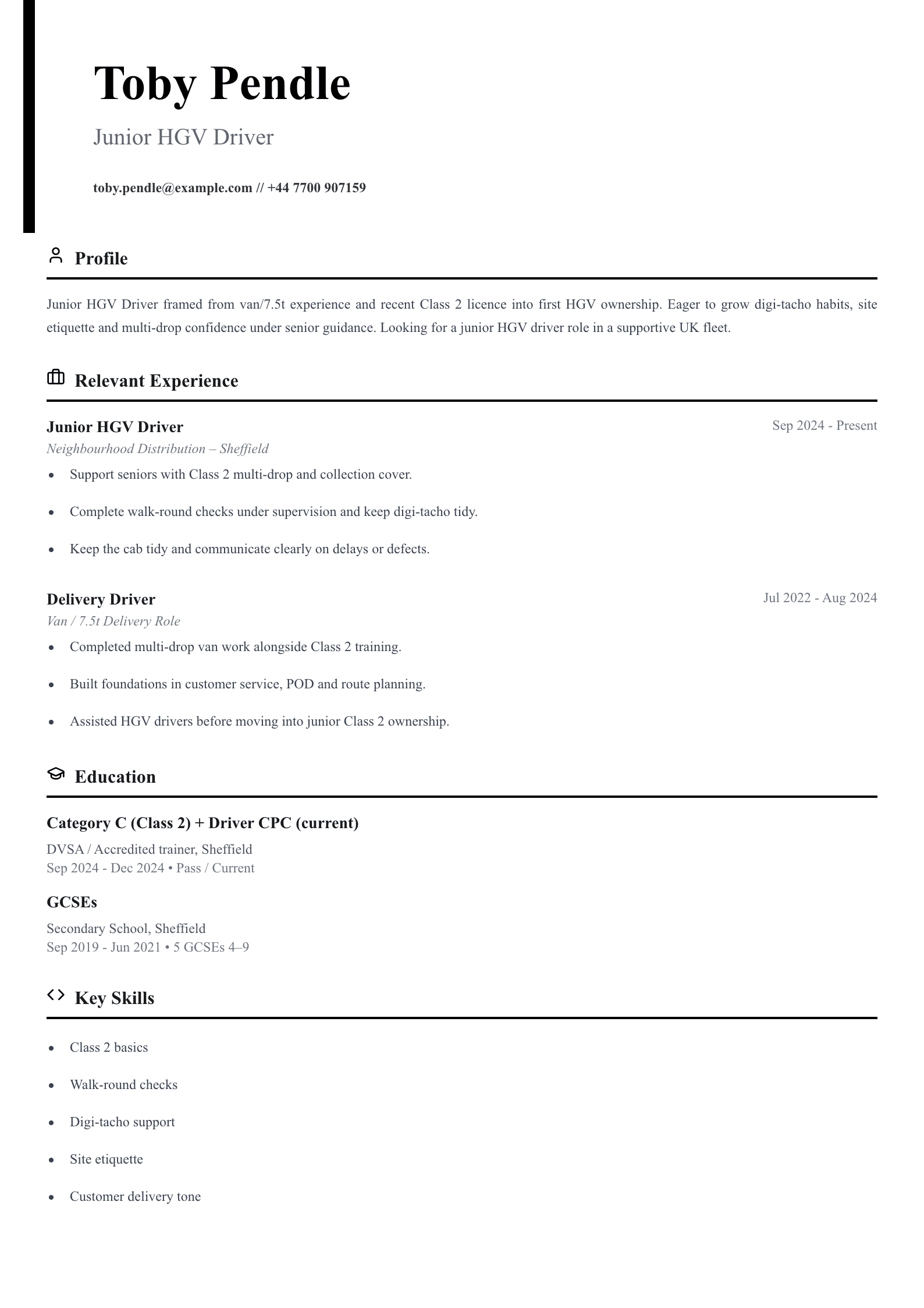 junior HGV driver CV template