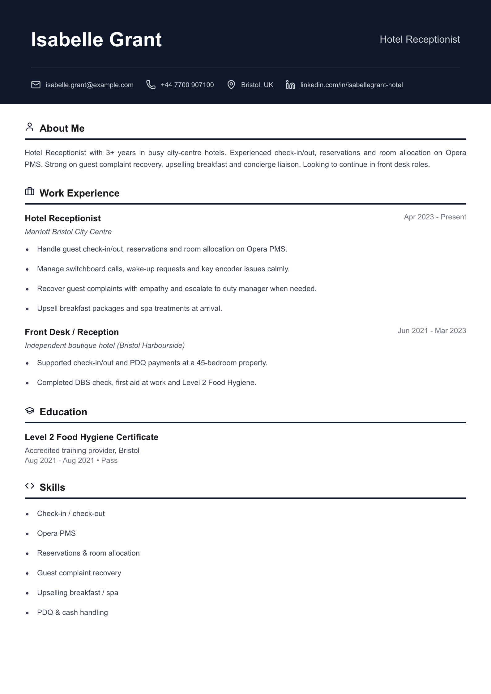 Hotel receptionist CV template