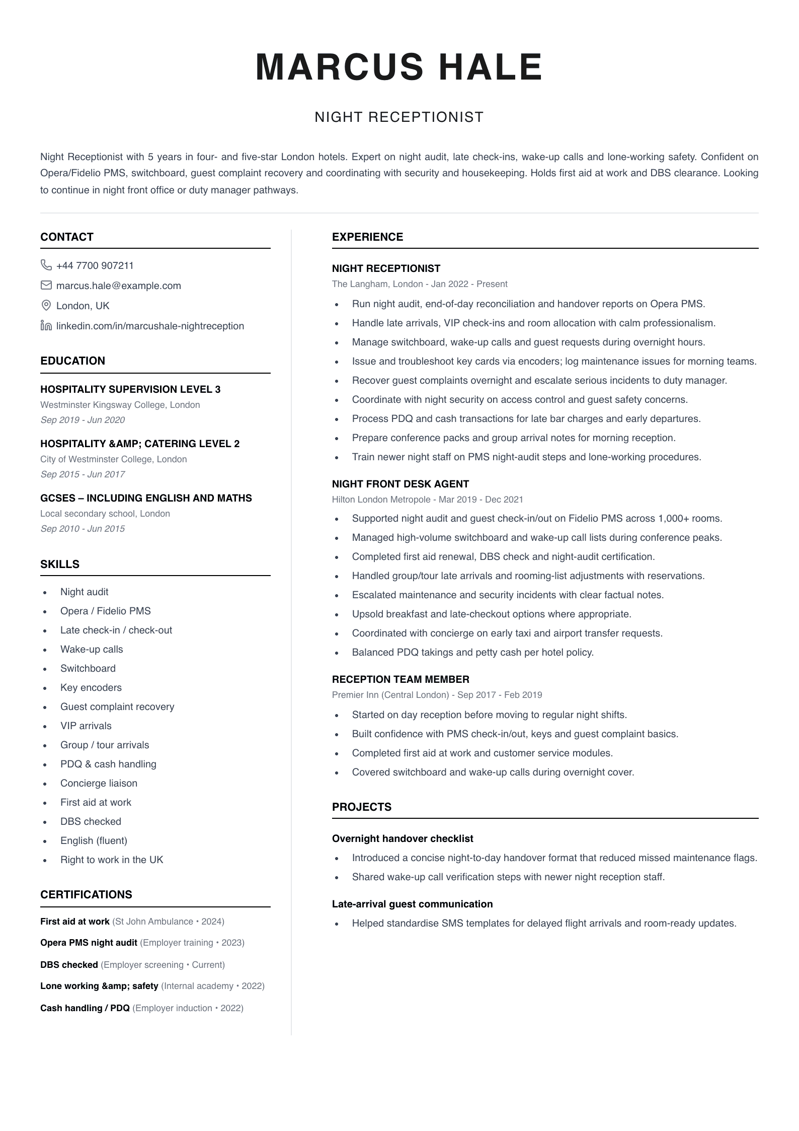 night receptionist cv template