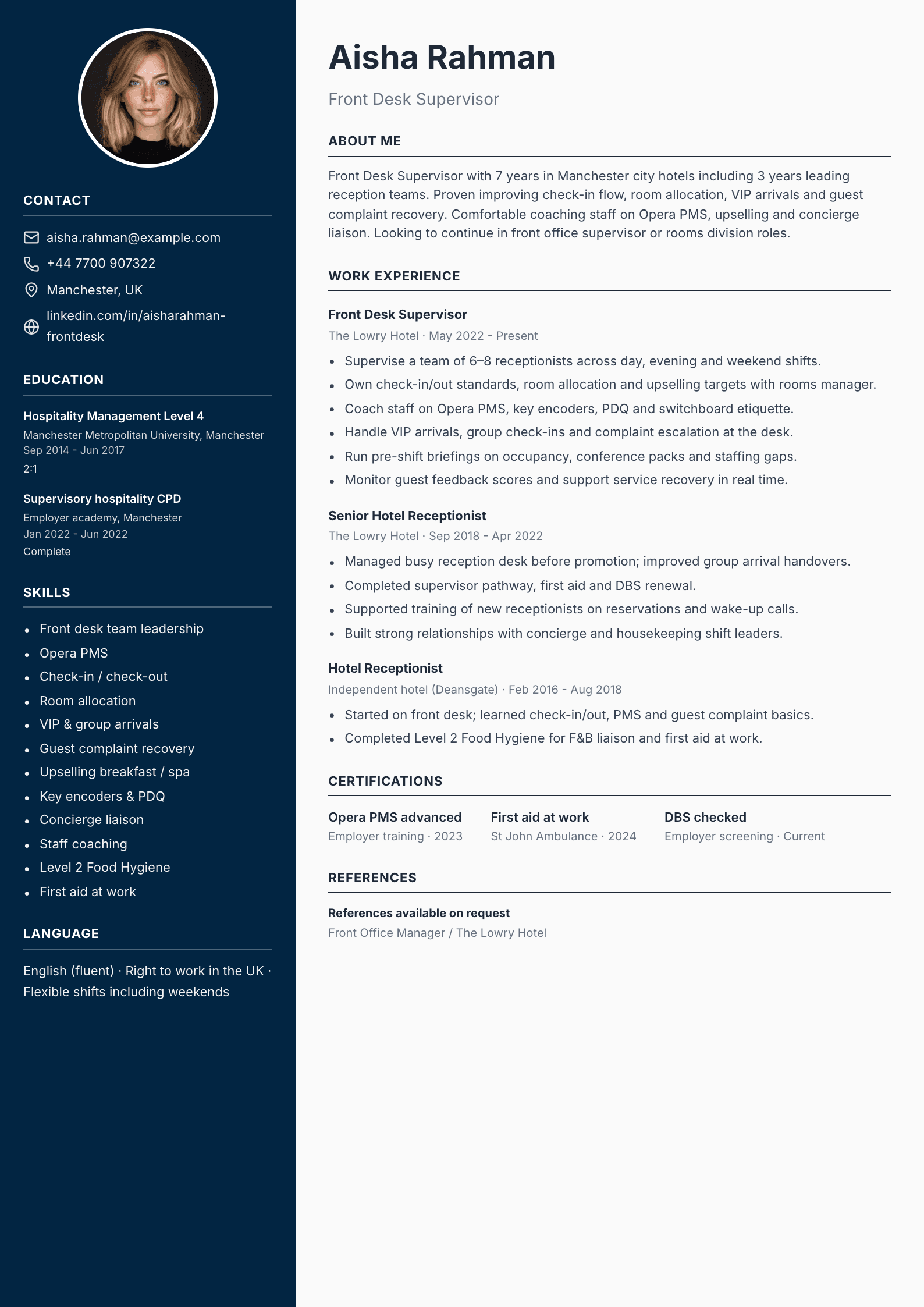 Front desk supervisor CV template
