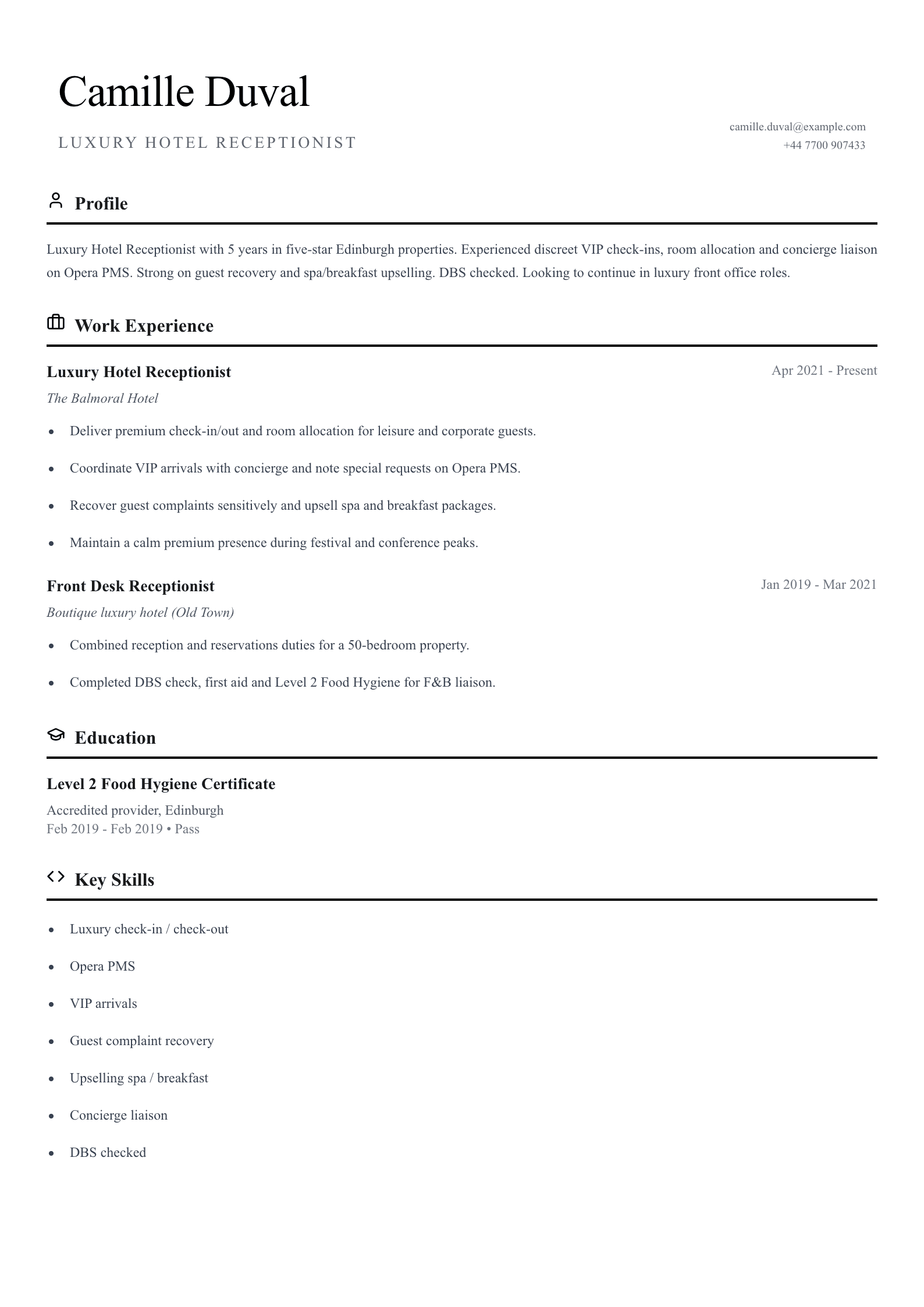 luxury hotel receptionist cv template
