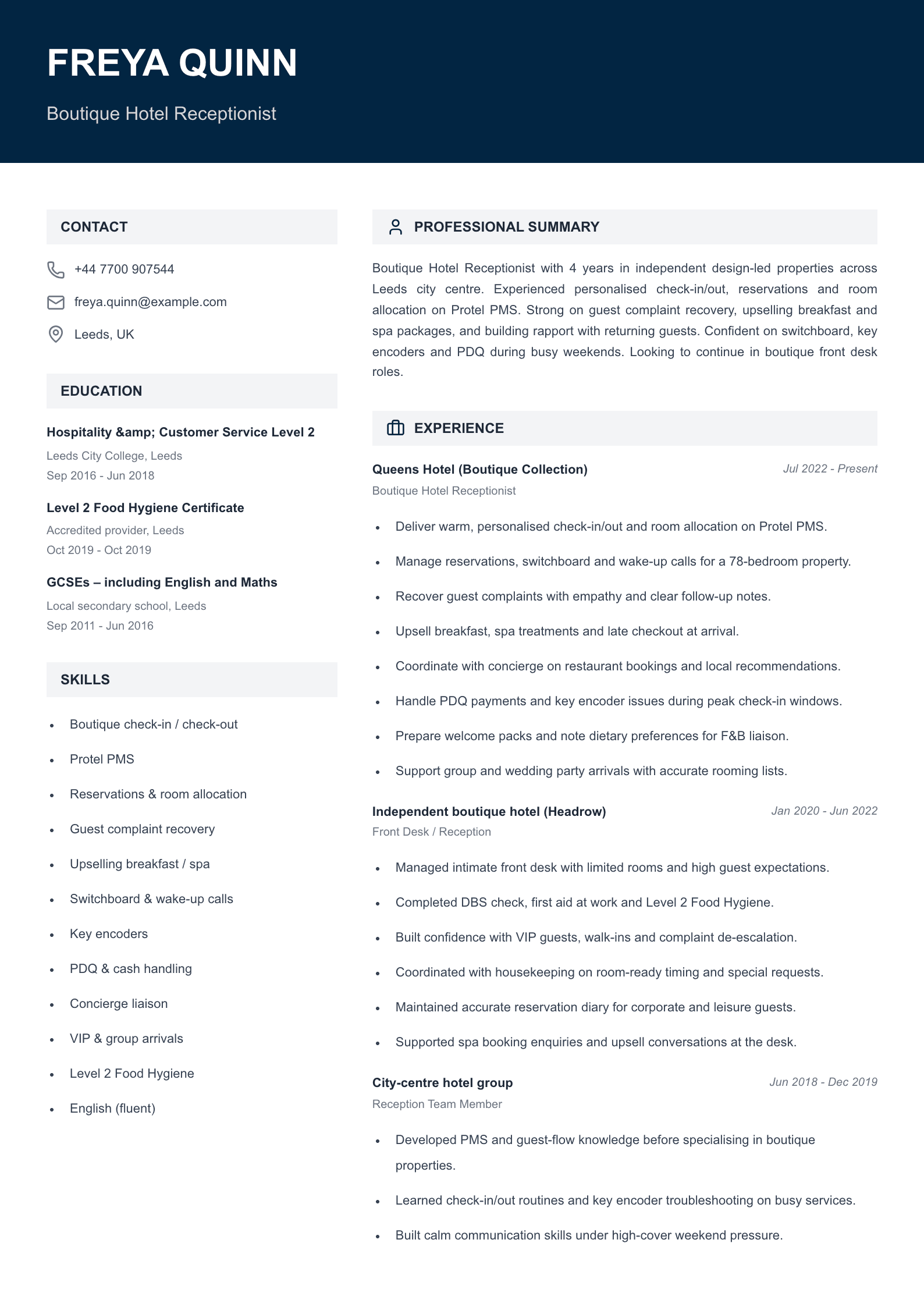 Boutique hotel receptionist CV template
