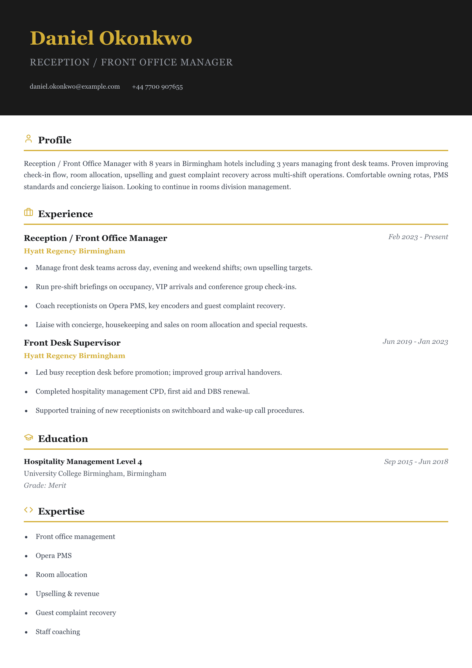 front office manager cv template