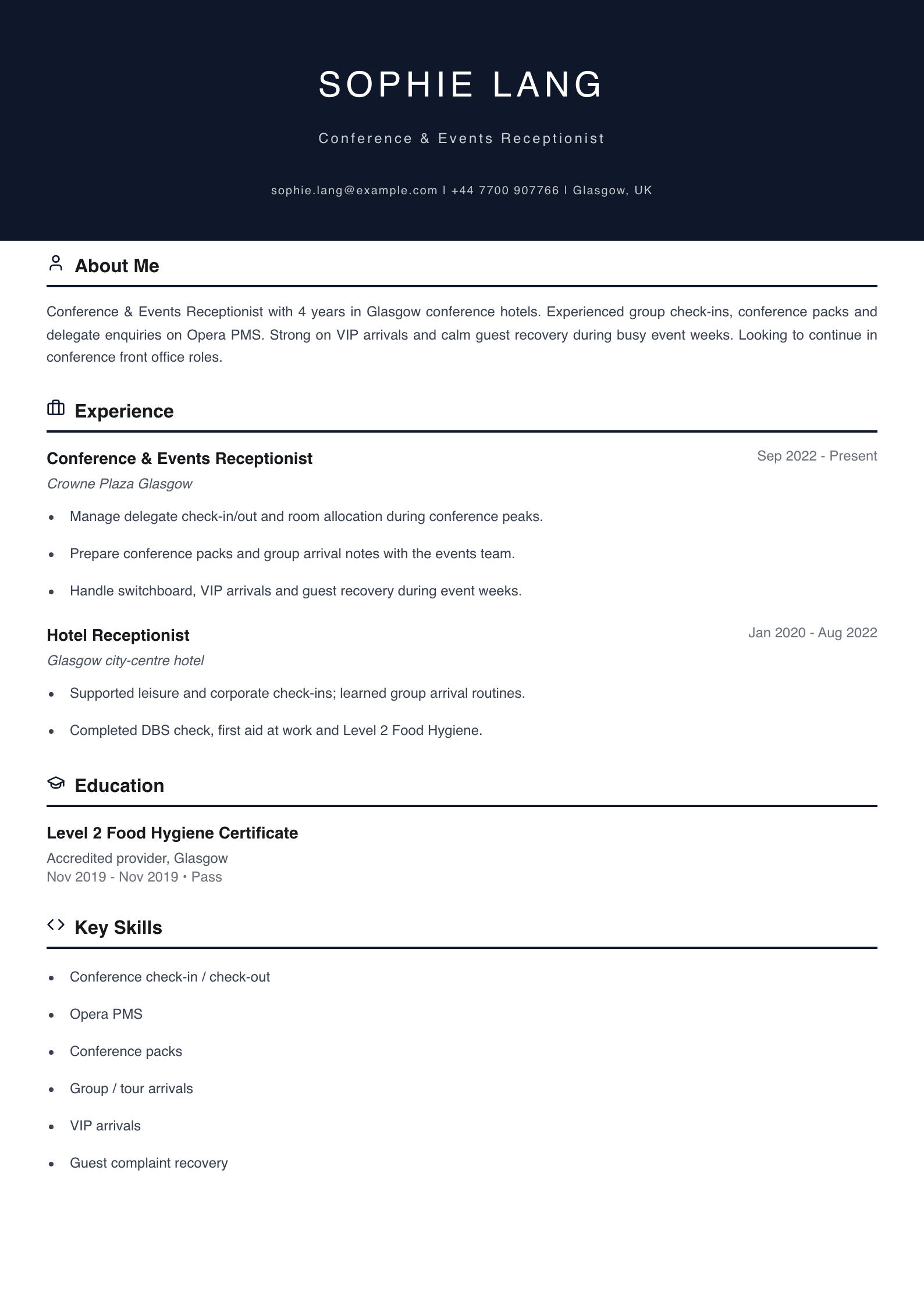 conference receptionist cv template