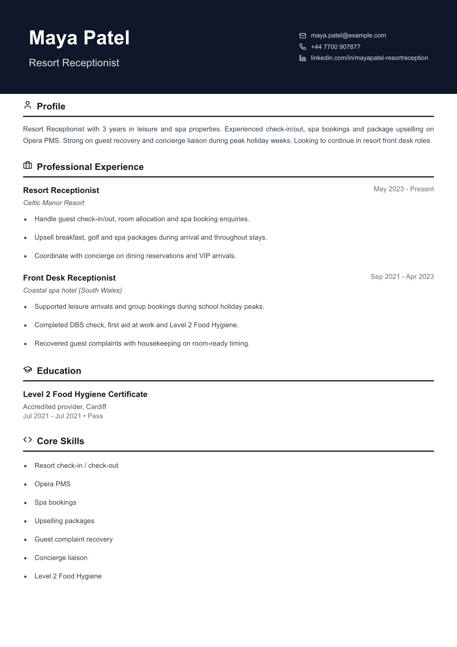 resort receptionist cv template