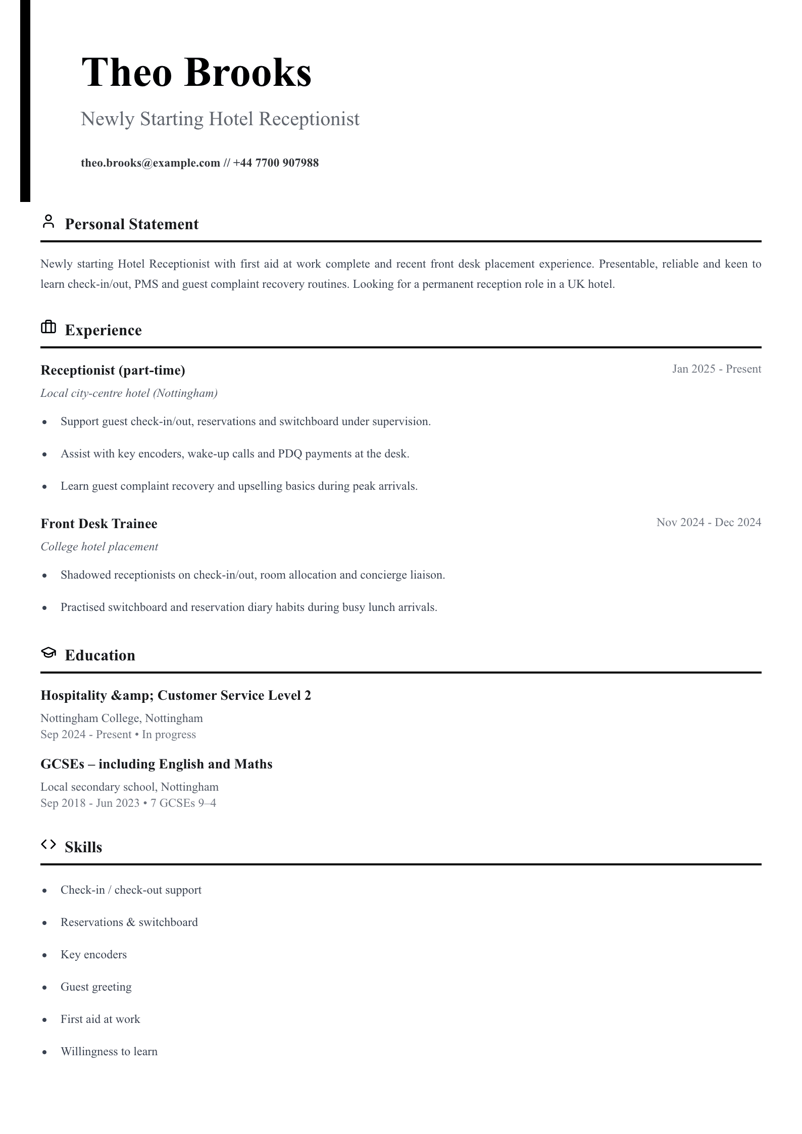 newly starting hotel receptionist cv template