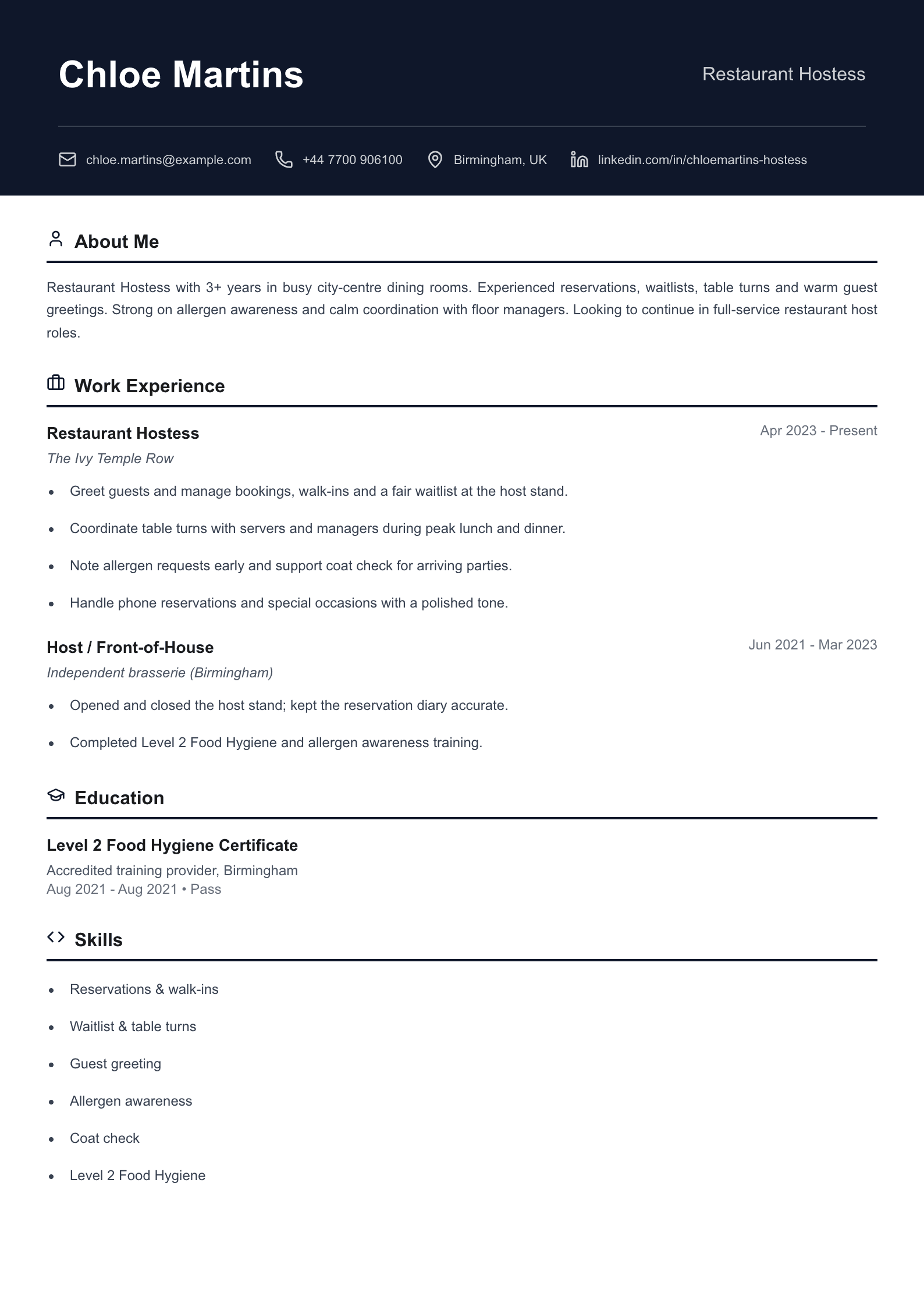 Restaurant hostess CV template