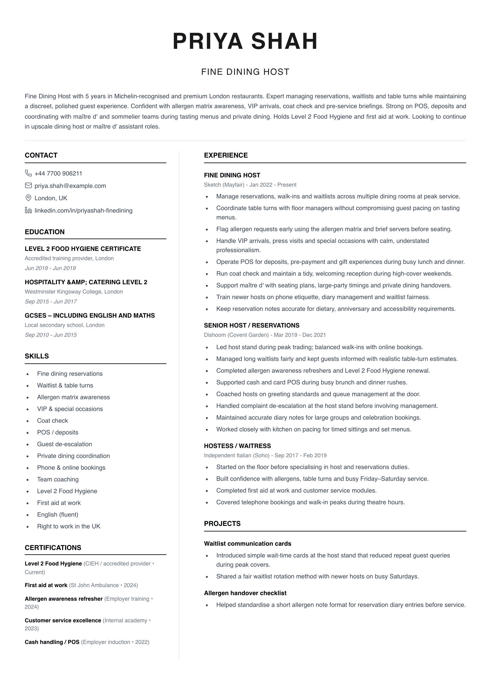 fine dining host cv template