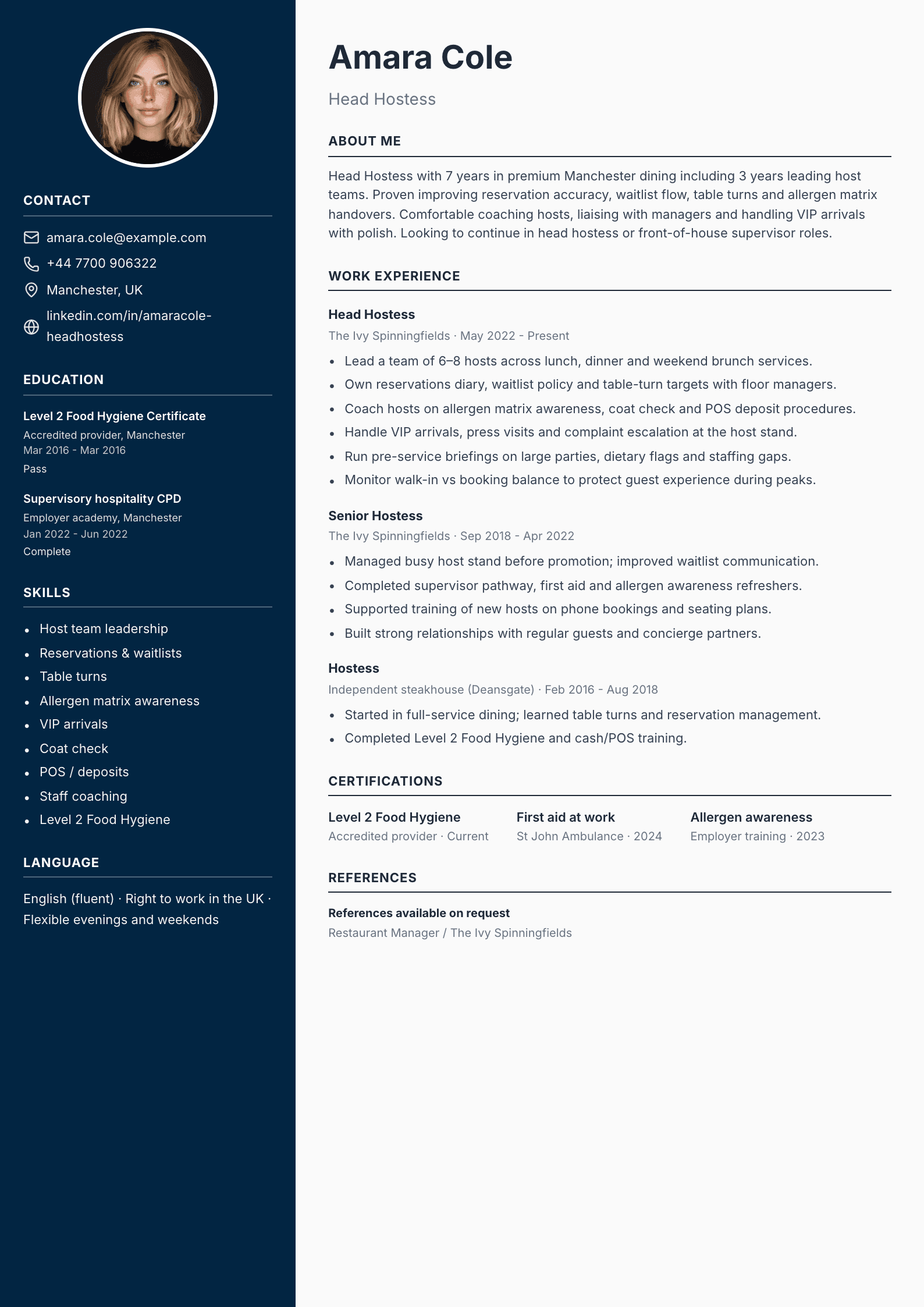 Head hostess CV template