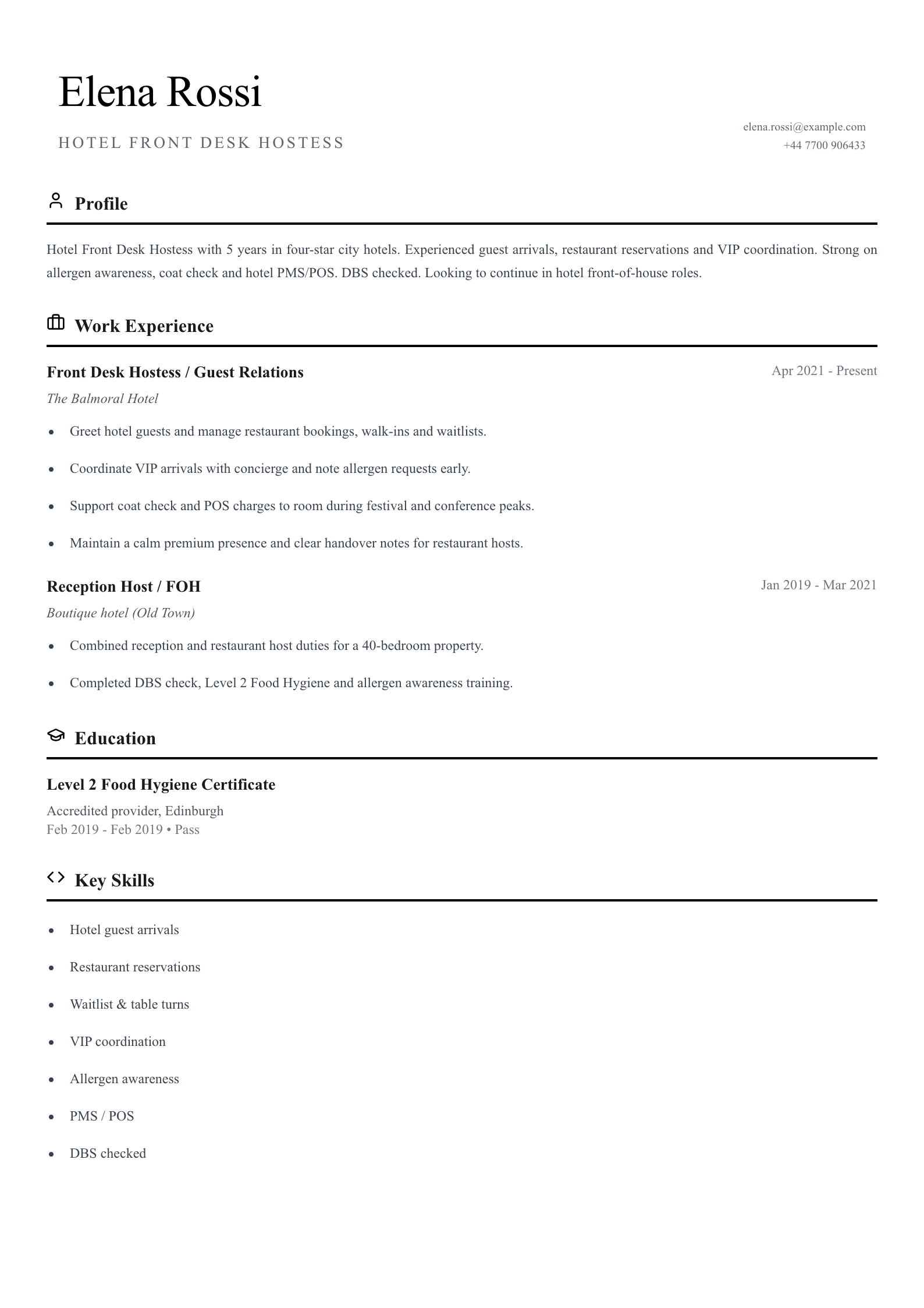hotel front desk hostess cv template