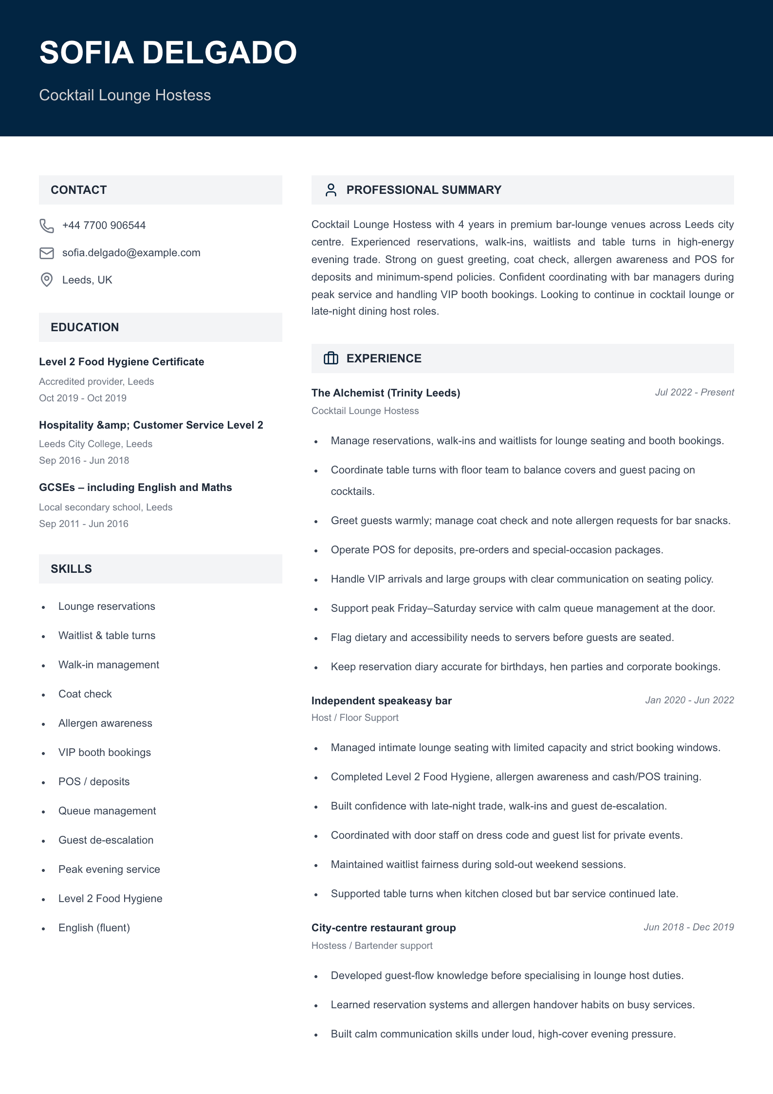 Cocktail lounge hostess CV template
