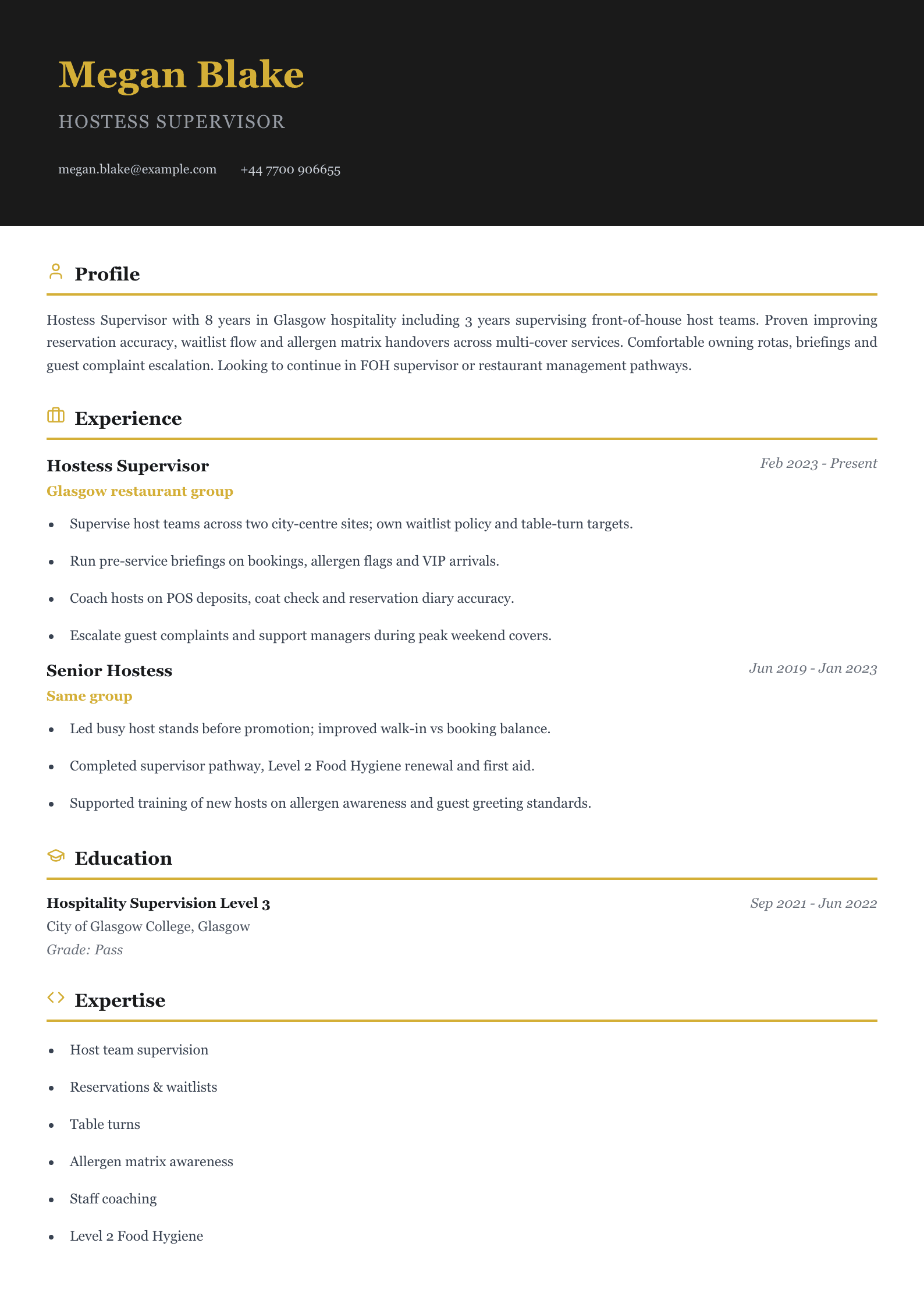 hostess supervisor cv template