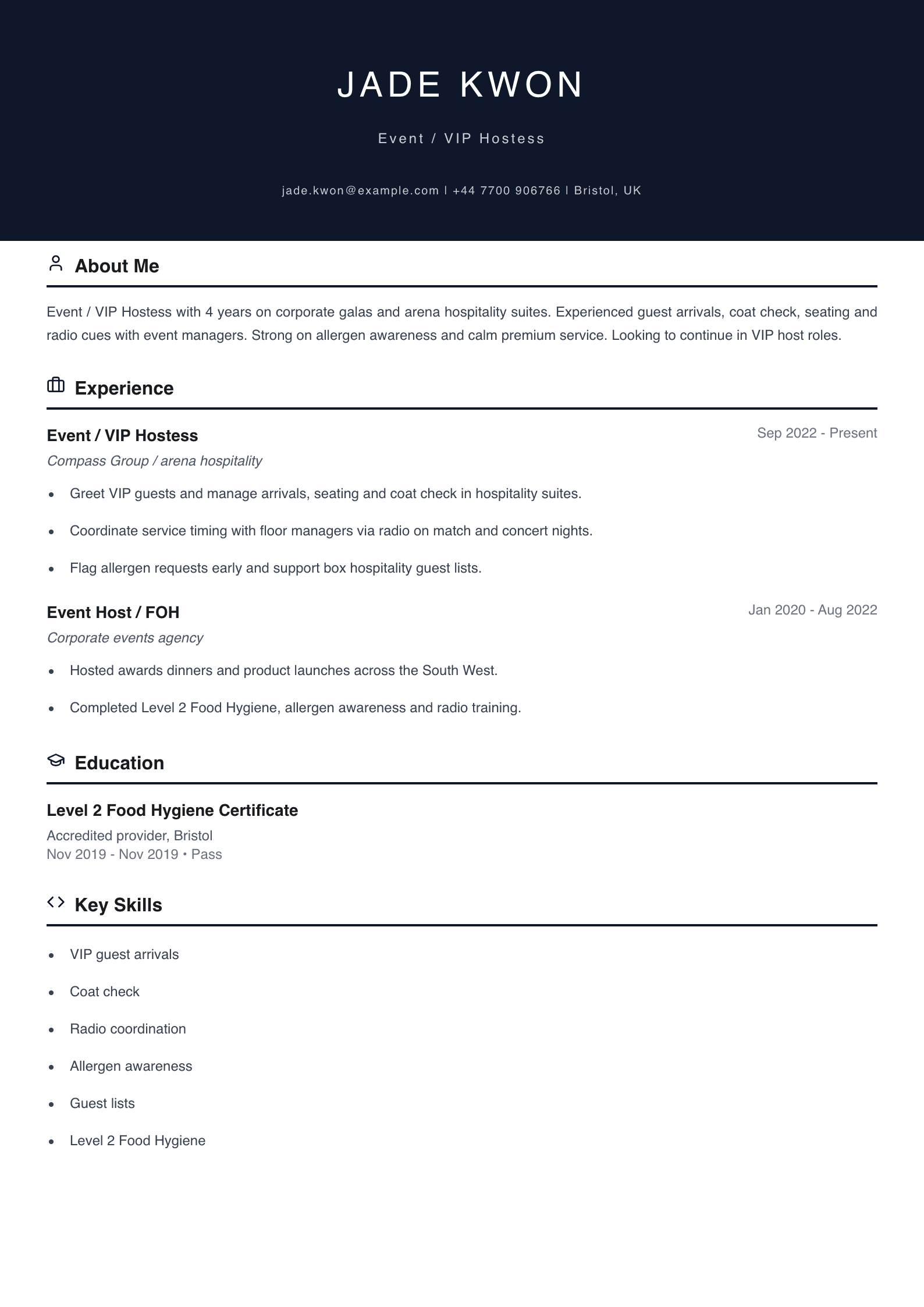 event VIP hostess cv template