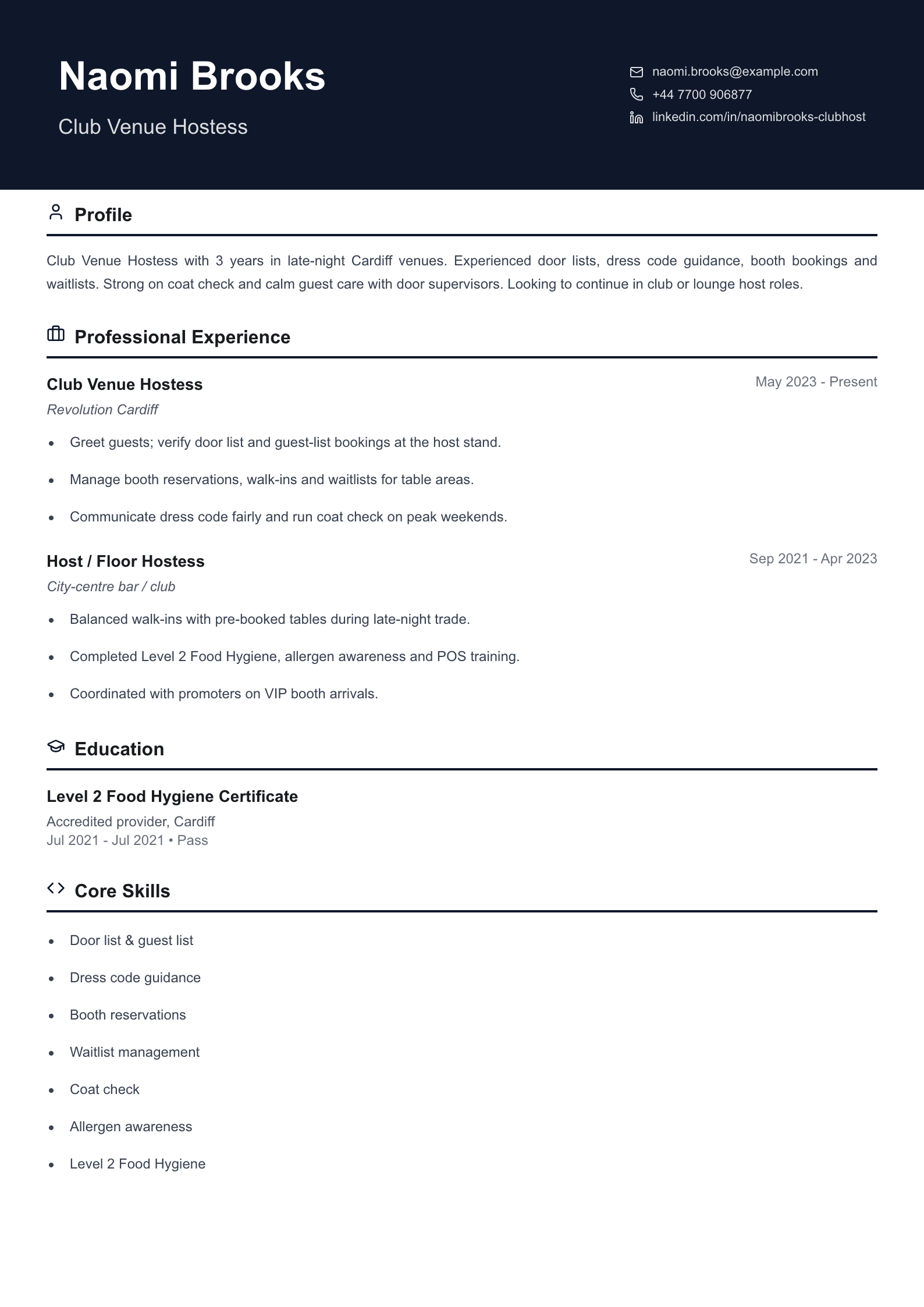 club venue hostess cv template