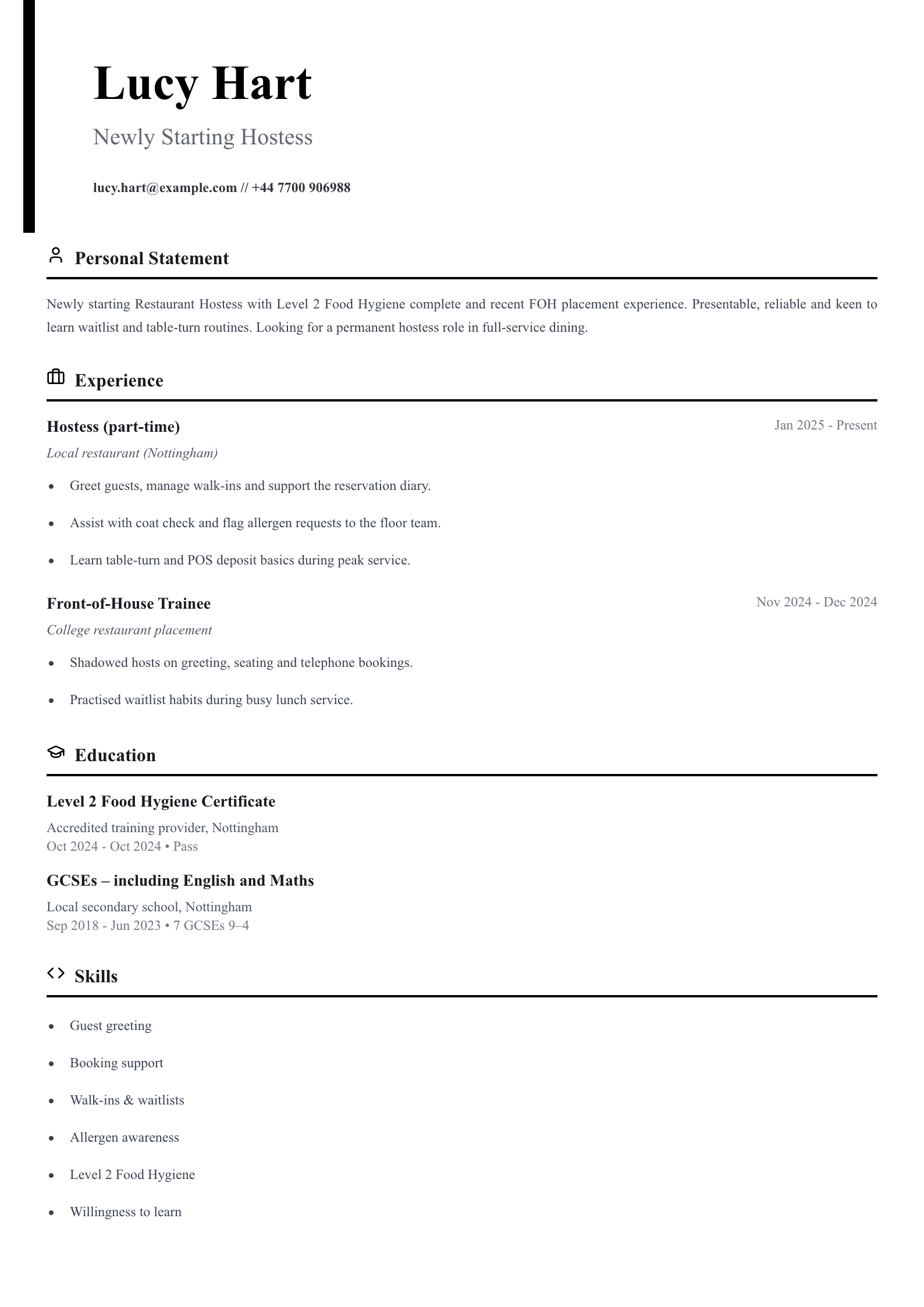 newly starting hostess cv template