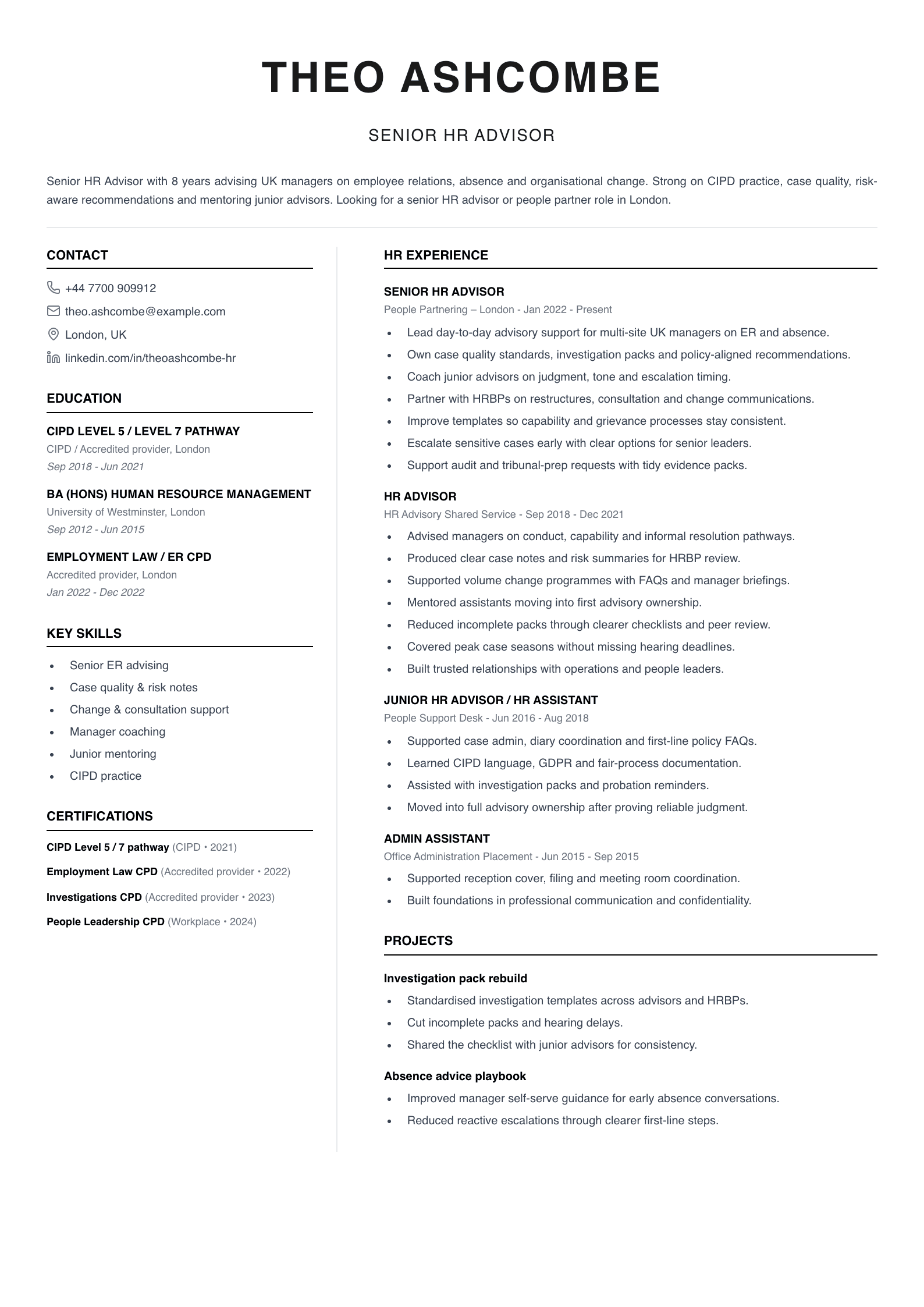 senior HR advisor CV template