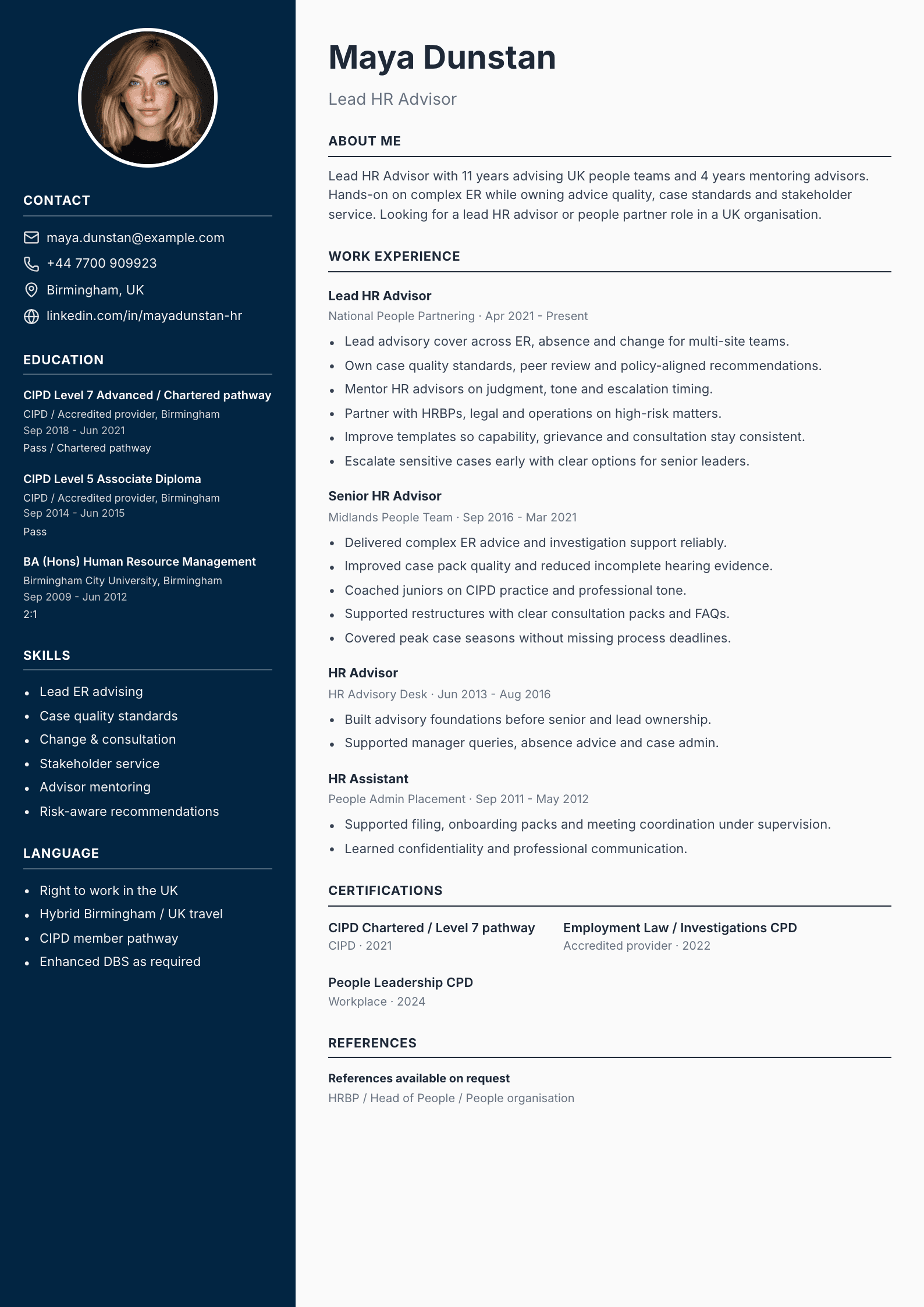 Lead HR advisor CV template