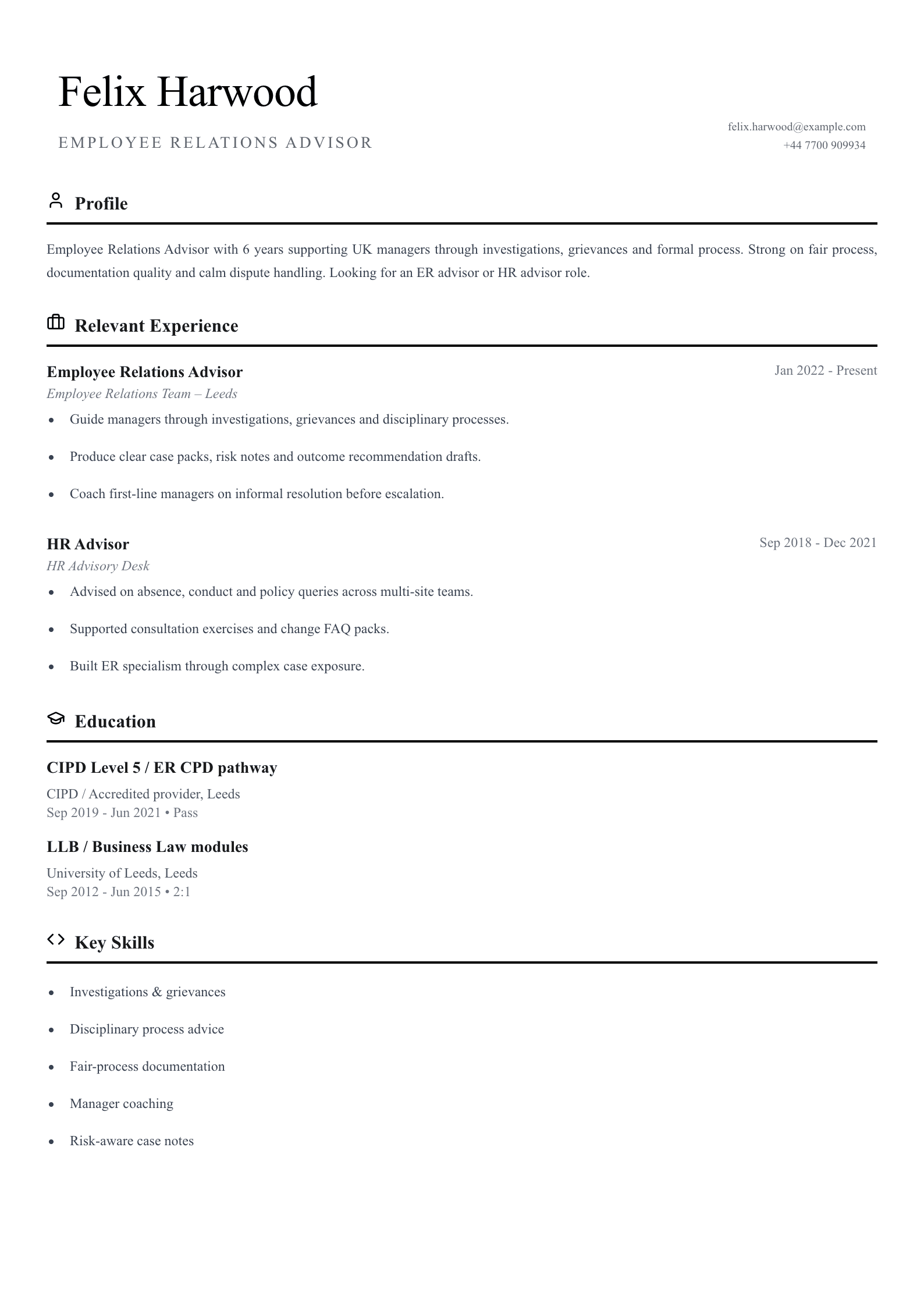 Employee relations advisor CV template