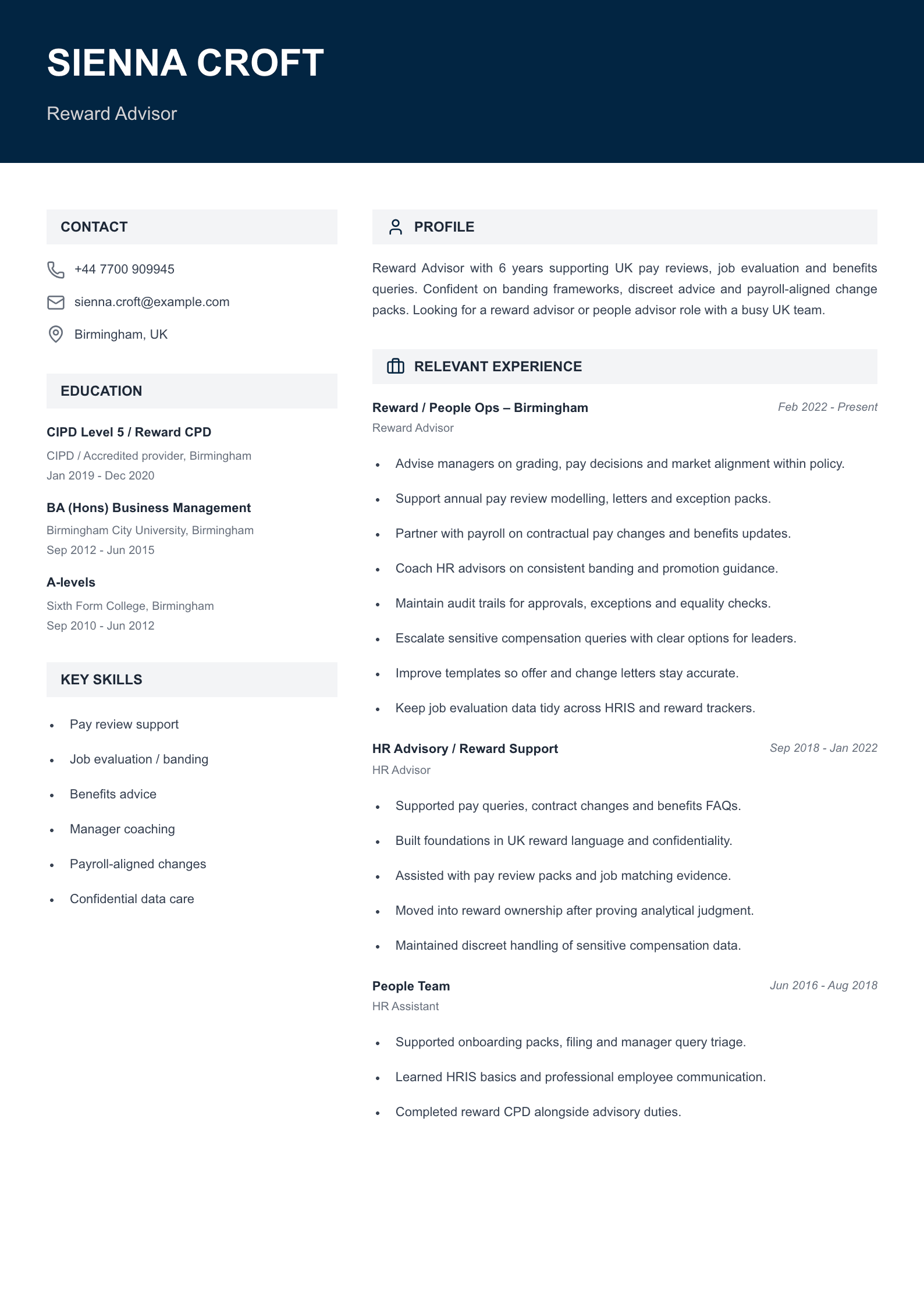 reward advisor CV template