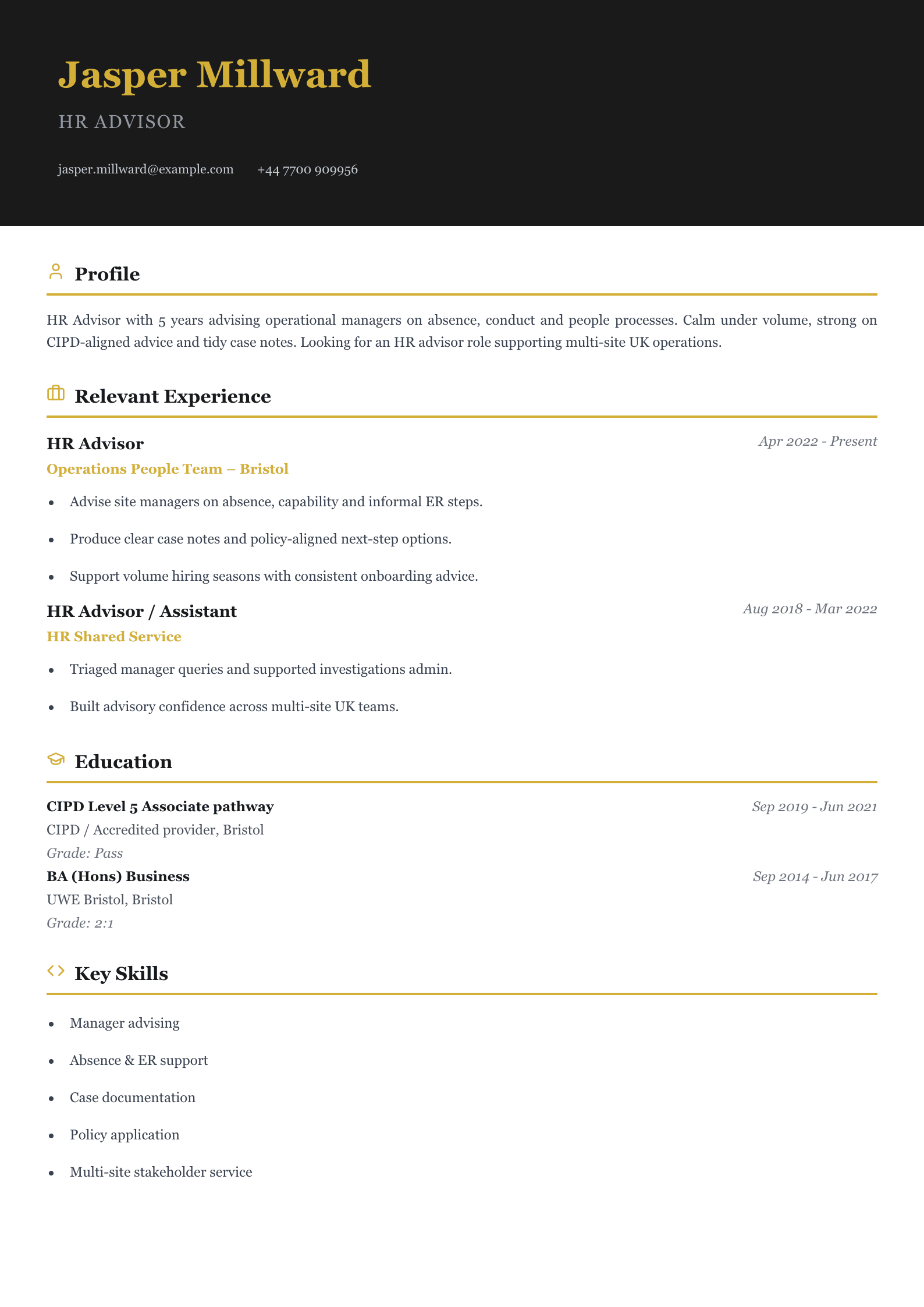 operations HR advisor CV template