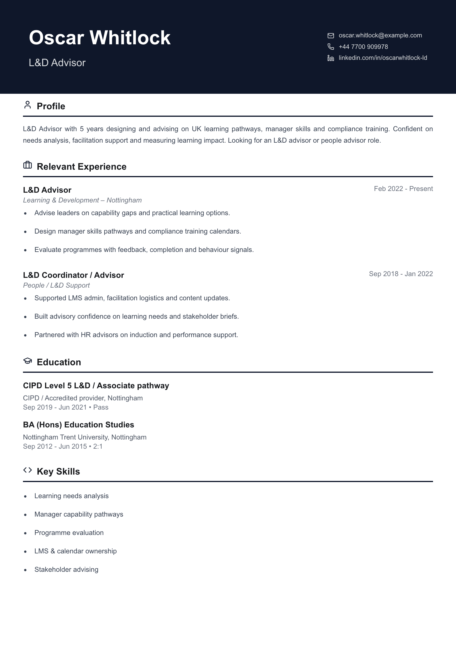 L&D advisor CV template