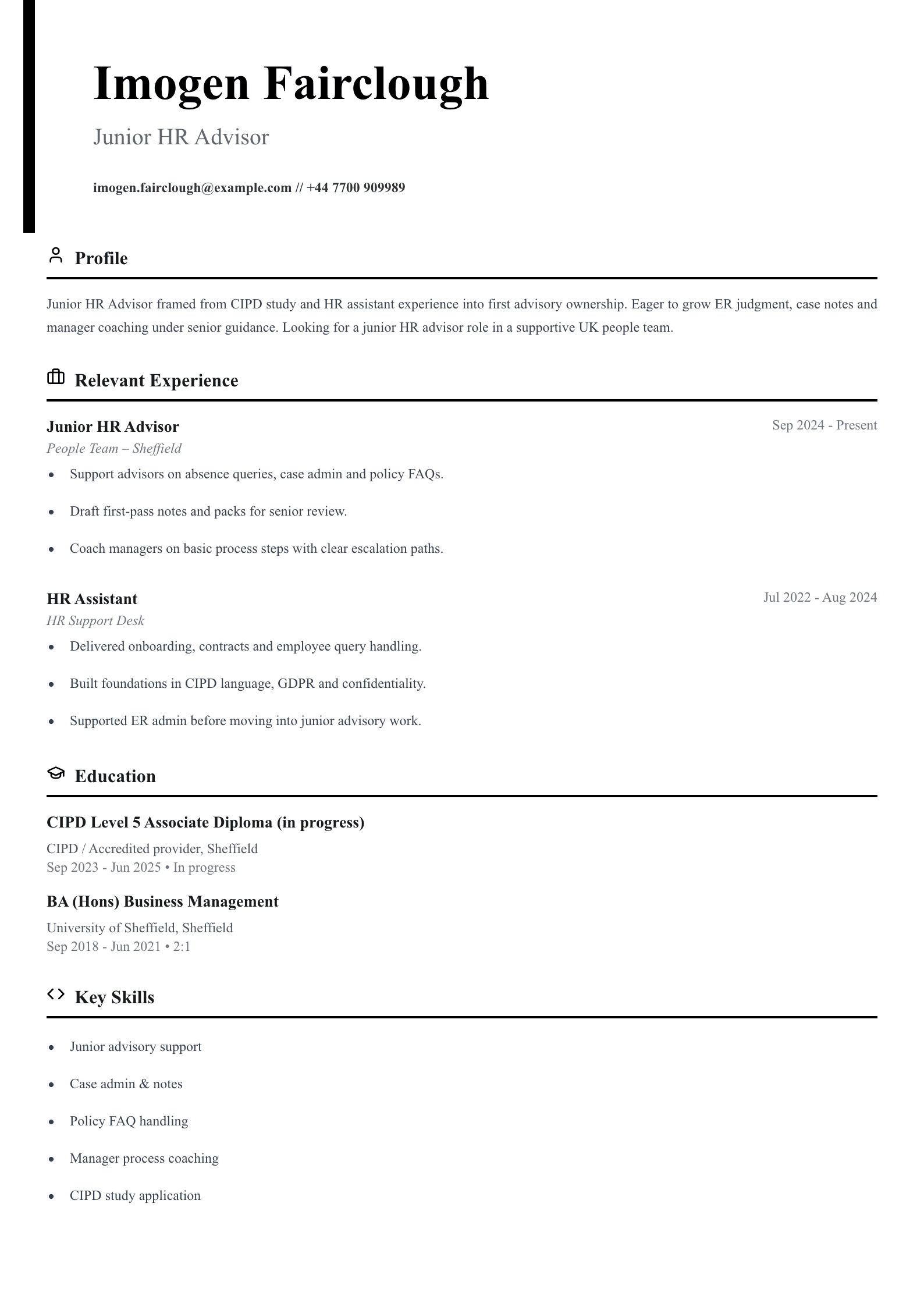 junior HR advisor CV template